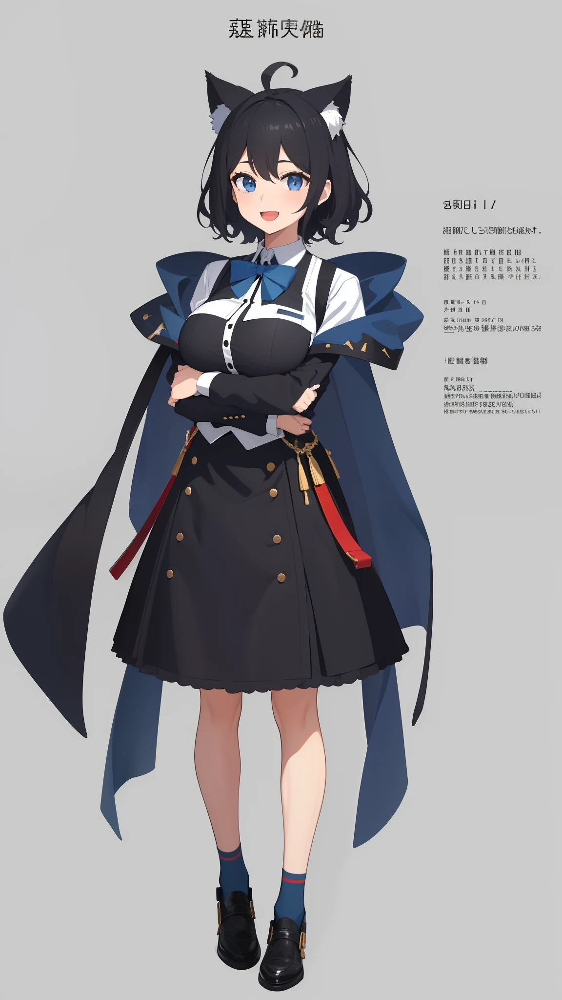 Full body,((((Upright)))), ((((Arms at sides)))), Looking at Viewer, simple background、White background, 1girl in, Open mouth, Smile, Virtual Youtuber、girl with、((Best Quality, high_resolution, Distinct_image)),(Black hair), (Black cat ears), (Ahoge), (absurdly short hair), (Wavy Hair), (Blue eyes),、A smile、Very big breasts,(wearing shoes on feet)、((concept-art))、((View Viewer))。((View of the valley))military outfits。Wearing a cape。