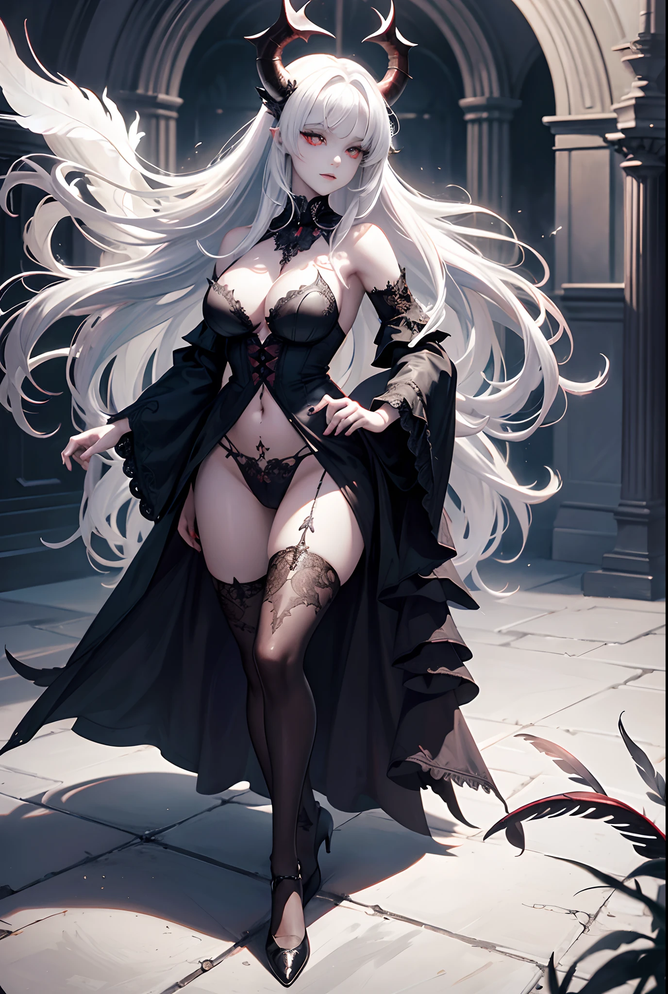 An extremely detailed portrait of a devil beautiful gothic vampire woman in a victorian decorum, perfect body, (realistic adult woman), ((detailed Background)), (detailed grey sky), (detailed gothic suit), (detailed red eyes). (dramatic lighting), ((Masterpiece)), ((crows)), ((perfect detailed hands)), detailed cloud, ((intricate detail)), (((adult woman))), red Jewel-like eyes, (floating Strands of hair), long dark hair, (devil demon horn), (Haze), moonlight, ((surrounded by floating feathers)), focus on the subject, chiaroscuro, wind, road, church, HD wallpaper, UHD image, full body,((((White fox with 9 tails))))Masterpiece, Best Quality , 1 Girl, white Hair, Long Hair, Detailed Eyes, Forrest Gump, Bare Shoulders, Lake, Pure, Soft Smile, bamboo, teavisible pubic hair, big and curvy hips, with an antique feel, no panties, visible vagina, Bare chest, no panties Naked, no clothes