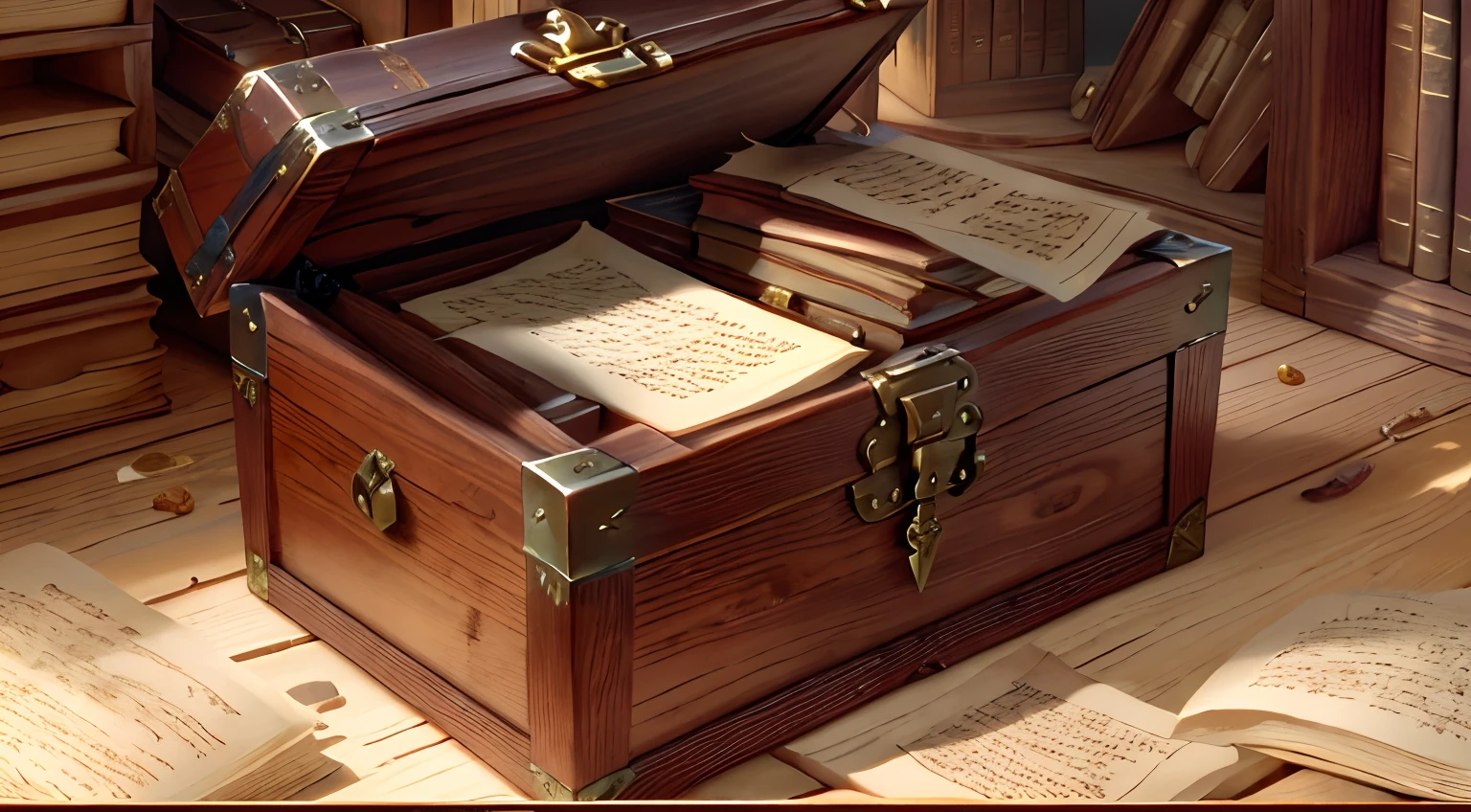 there is a wooden chest with open books on the floor, treasure chest, treasure chests, wooden desks with books, historical archive, looking at the treasure box, old manuscripts and scrolls, loot of books, small chest, old scientific documents, hiding large treasure chest, in a wooden box. top down photo, covered chest, loot box, papers and tomes, chest