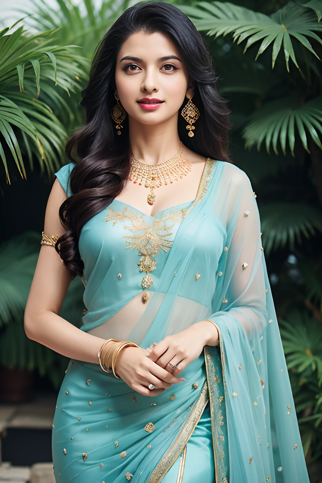 portrait of A confident-looking smiling happy indian woman princess with long flowing hair, hazel eyes, wearing designer jewellery, blue designer dress, standing in royal garden, bokeh perfect composition, hyperrealistic, super detailed, rainy day clear, 8k, high quality, trending art, trending on artstation, sharp focus, photo shoot, intricate details, highly detailed, art by greg rutkowski