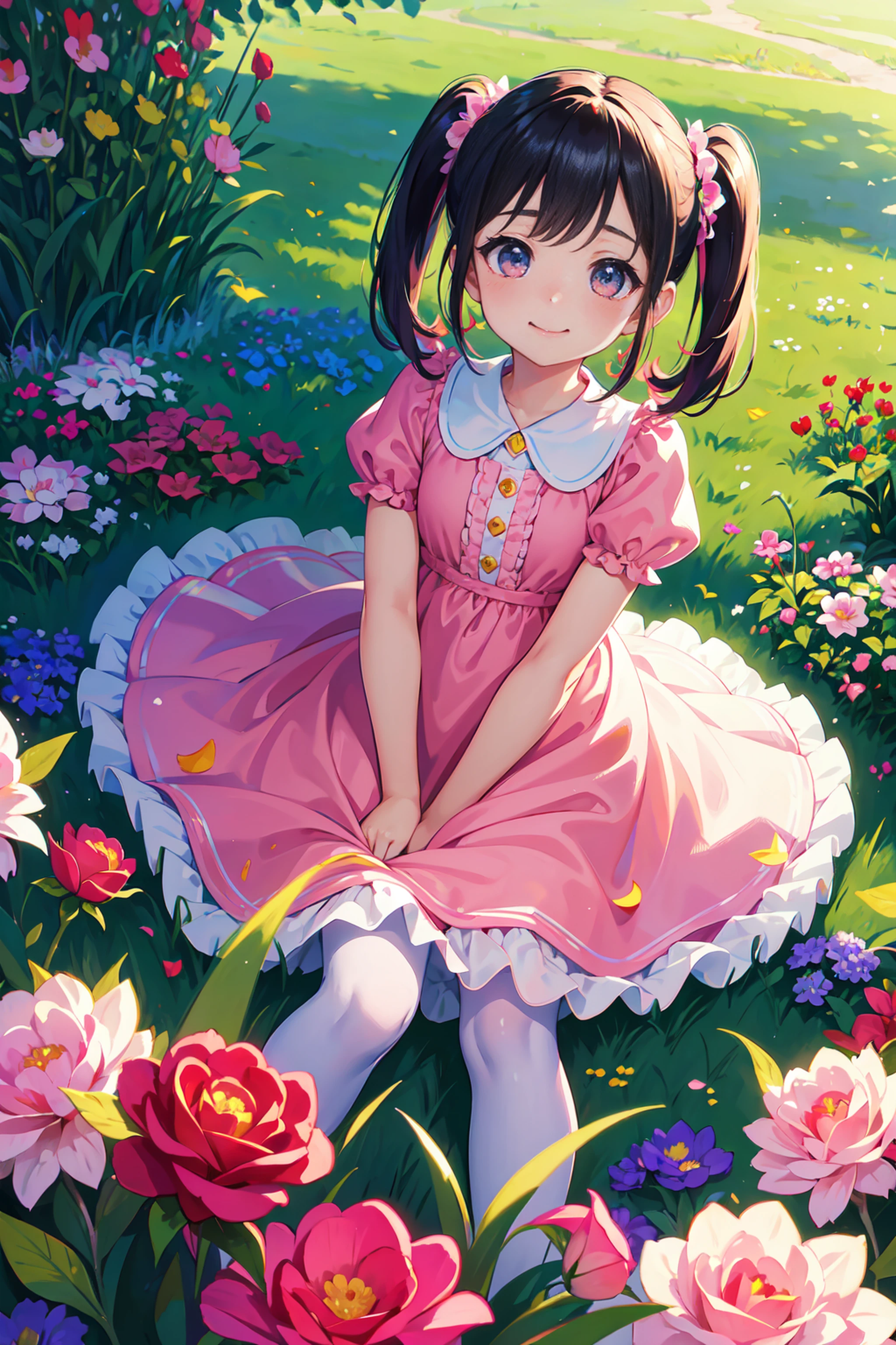 (best quality,ultra-detailed),bright and vibrant colors,soft lighting,traditional painting style,flower garden,grass,Thousand Lanes Theme Park,colorful balloons,pink dress,pigtails,innocent smile,playful expression,reflective eyes,freckles,cheeks like rose petals,cute little nose,small lips,sparkling hair accessories,dreamy atmosphere,endless joy