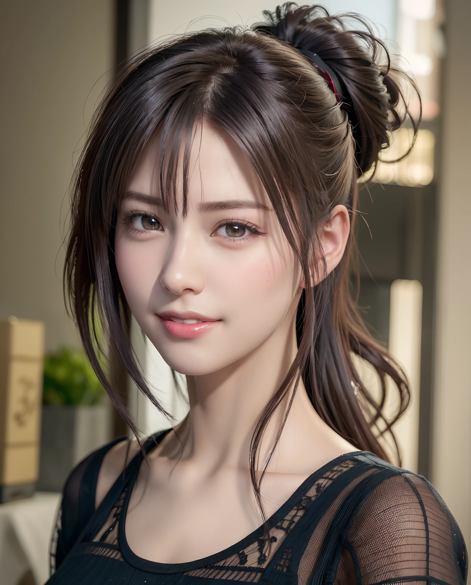 Best Quality, Ultra high definition, (Photorealistic:1.4),Sunset light, Ponytail, detailed photo, Smiling, Sexy, Black shirt, Facing Camera, (masutepiece: 1.3), (8K, Photorealistic, Best Quality), (1girl in), Beautiful face, (Realistic face), (Black hair, Short hair: 1.3), Beautiful hairstyle, Realistic eyes, Beautiful detail eyes, (Realistic skin), Beautiful skin, Absurd, Attractive, Ultra High Resolution, A hyper-realistic, High Definition, Golden ratio