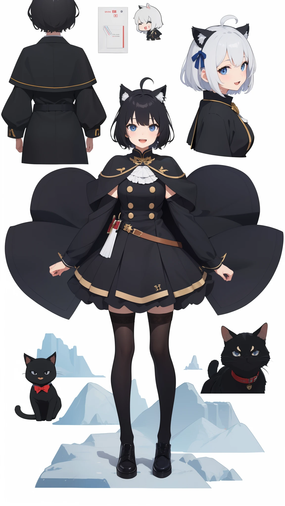 Full body,((((Upright)))), ((((Arms at sides)))), Looking at Viewer, simple background、White background, 1girl in, Open mouth, Smile, Virtual Youtuber、girl with、((Best Quality, high_resolution, Distinct_image)),(Black hair), (Black cat ears), (Ahoge), (absurdly short hair), (Wavy Hair), (Blue eyes),、A smile、Very big breasts,(wearing shoes on feet)、((concept-art))、((View Viewer))。((View of the valley))military outfits。Wearing a cape。