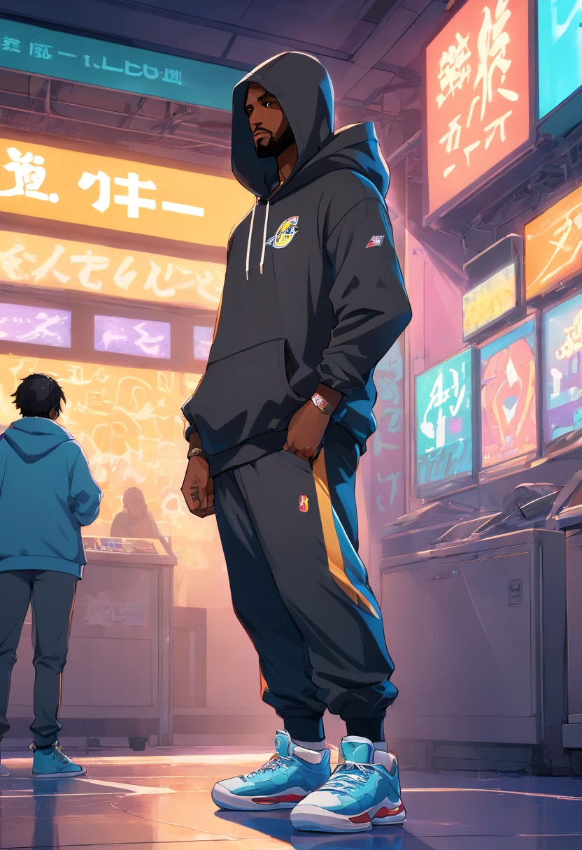 lebron james cup head art style, graffiti, full body illustration Kobe Bryant in silhouette, wearing a hoodie hip hop clothing, gangster pose, basketball in hand, minimalistic, rtx, UHD, cell shading, 32k, ray tracing, well defined, comic, digital painting, cartoon, photorealistic, drawing, unreal engine, octane render, shaders, 4d