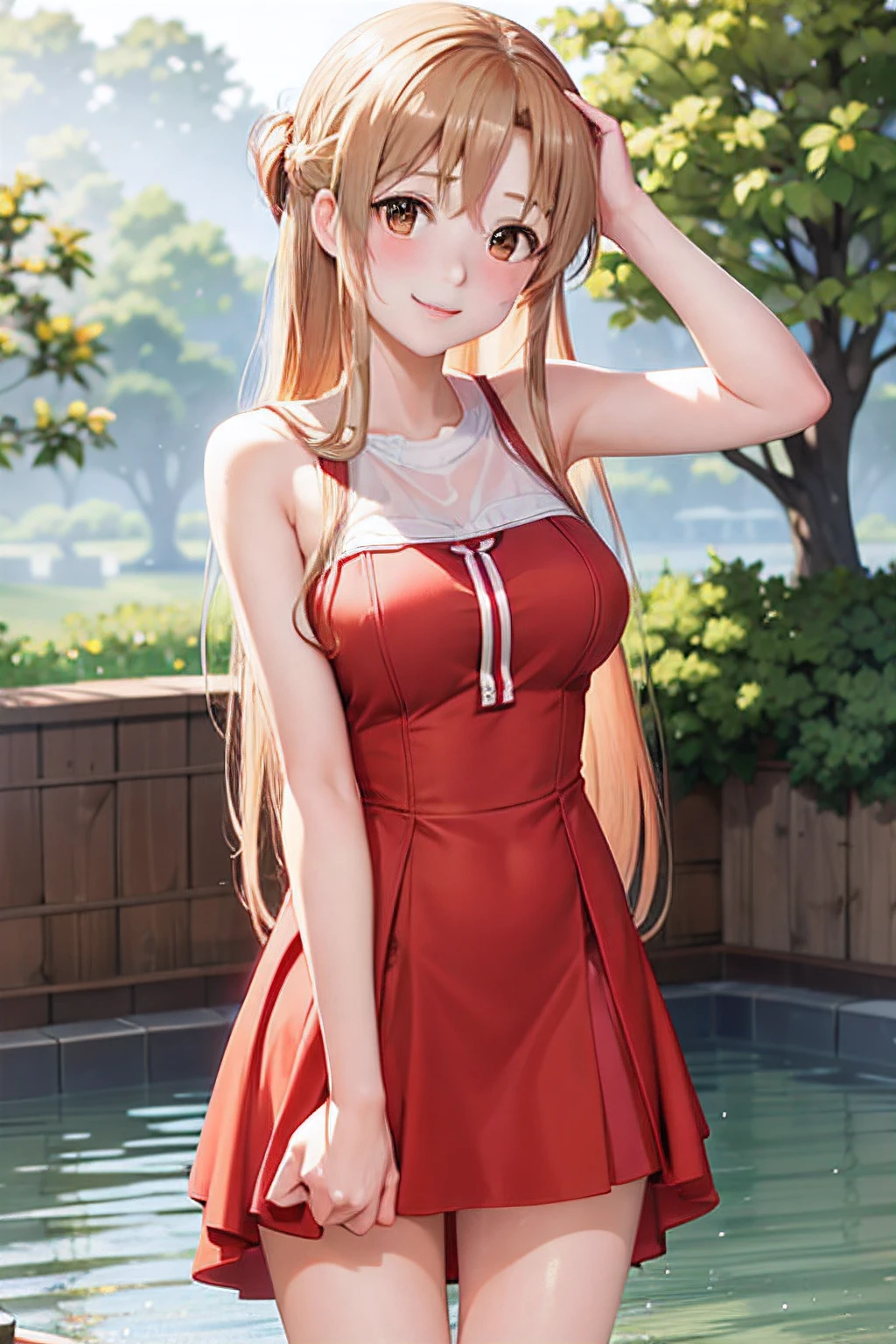 (naked:1),(wet_red dress:1.1),Asuna,light smile,sexy,wet_hair, best quality