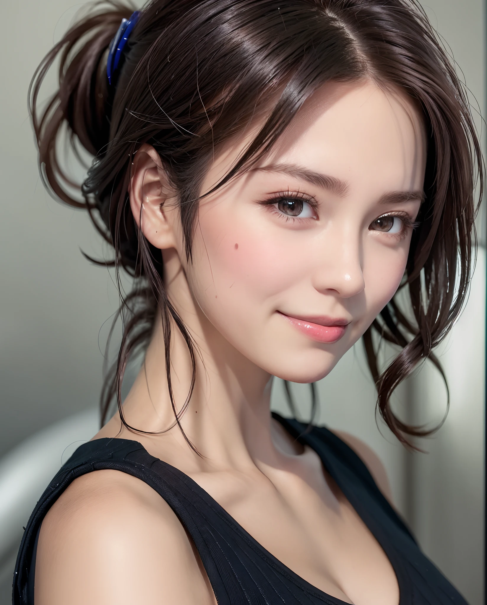 Best Quality, Ultra high definition, (Photorealistic:1.4),Sunset light, Ponytail, detailed photo, Smiling, Sexy, Black shirt, Facing Camera, (masutepiece: 1.3), (8K, Photorealistic, Best Quality), (1girl in), Beautiful face, (Realistic face), (Black hair, Short hair: 1.3), Beautiful hairstyle, Realistic eyes, Beautiful detail eyes, (Realistic skin), Beautiful skin, Absurd, Attractive, Ultra High Resolution, A hyper-realistic, High Definition, Golden ratio