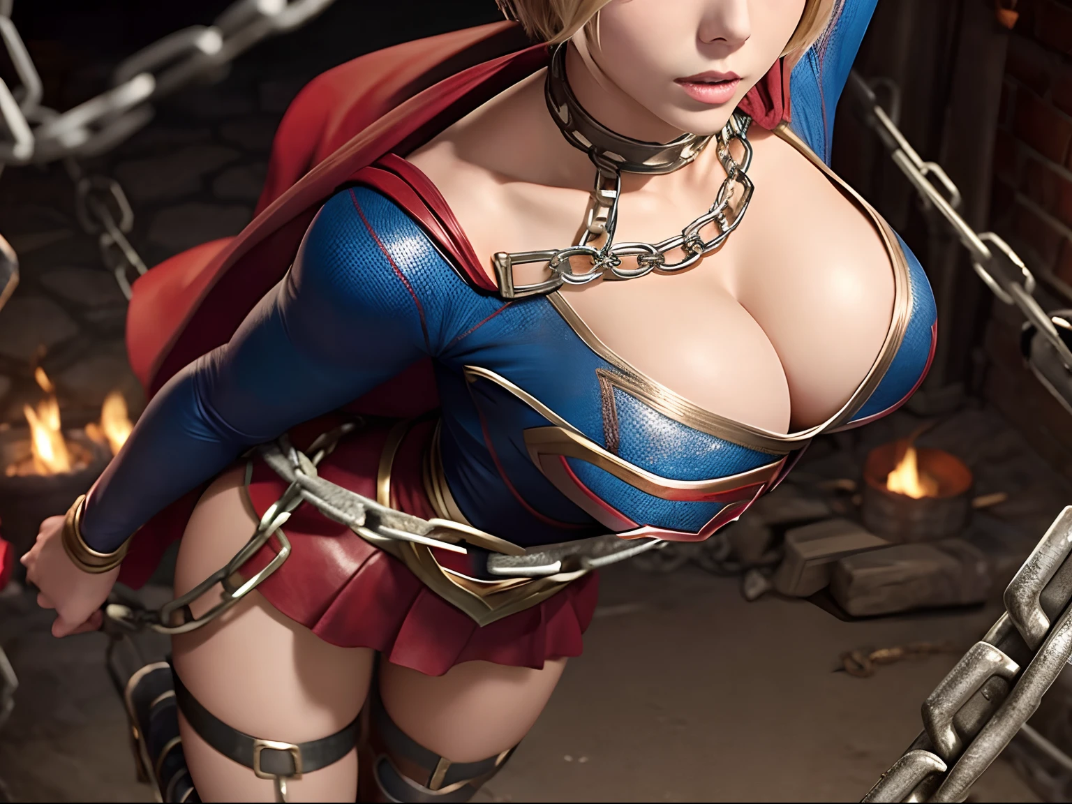 Short-haired Supergirl tangled in chains、large full 、Looking at the camera、Glossy costume、Tattered costume、Injury、Dungeon、slaves