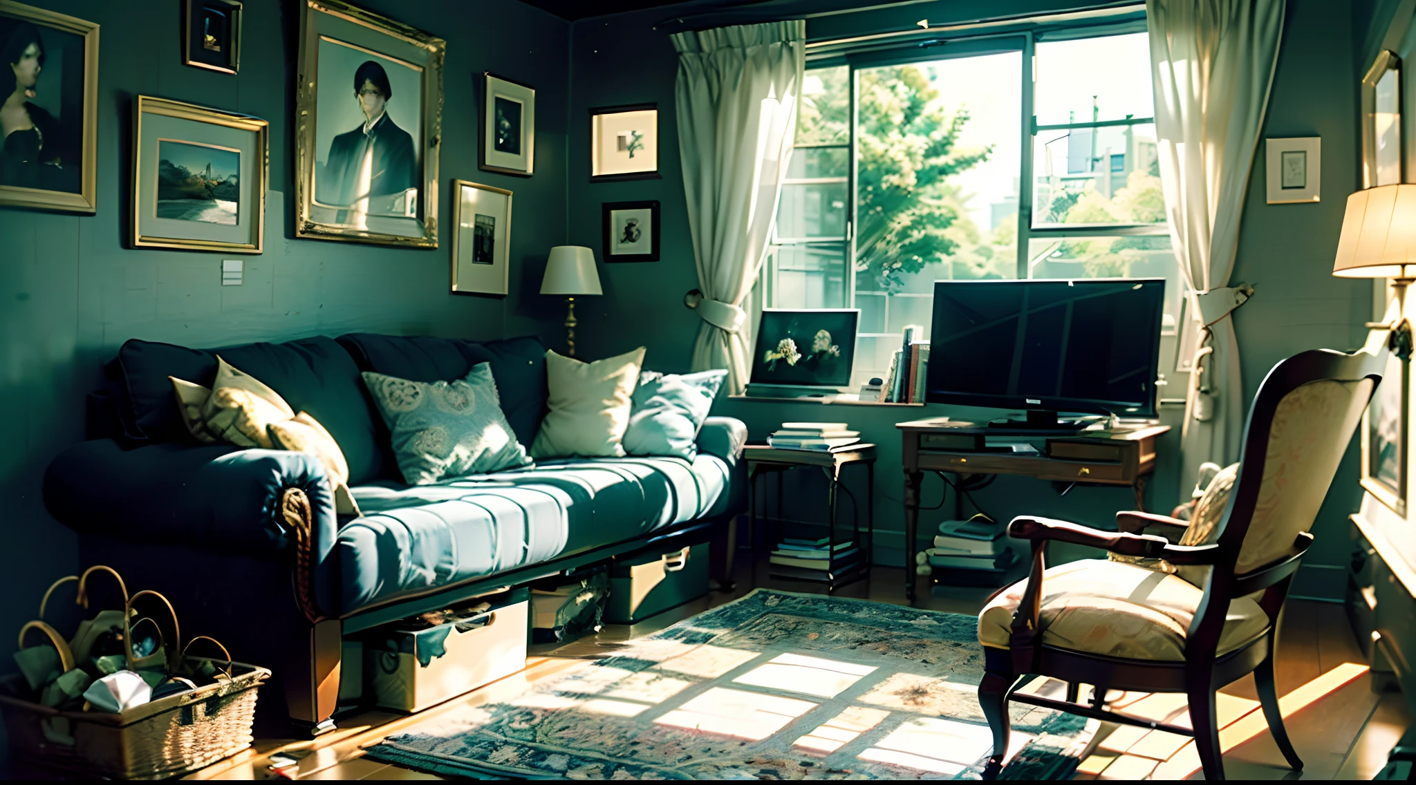 ((Masterpiece,Best quality))1womanl,Third perspective,黑The eye,lounge suit,Bedrooms,Write homework,mid afternoon,Warm light