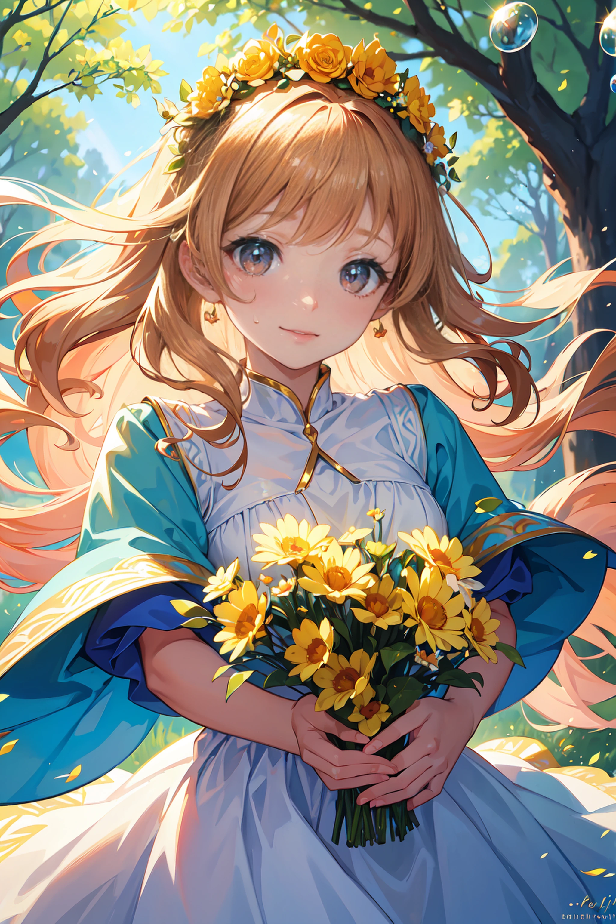 (best quality,ultra-detailed,masterpiece:1.2),vibrant colors,portraits,soft lighting,playful expression,sweet smile,innocent,flower crown,sparkling eyes,fair skin,long curly hair,rosy cheeks,flowy dress,nature background,delicate features,fairy-like,vivid colors,catching butterflies,blowing bubbles，gentle sunlight,light breeze,peaceful atmosphere。
