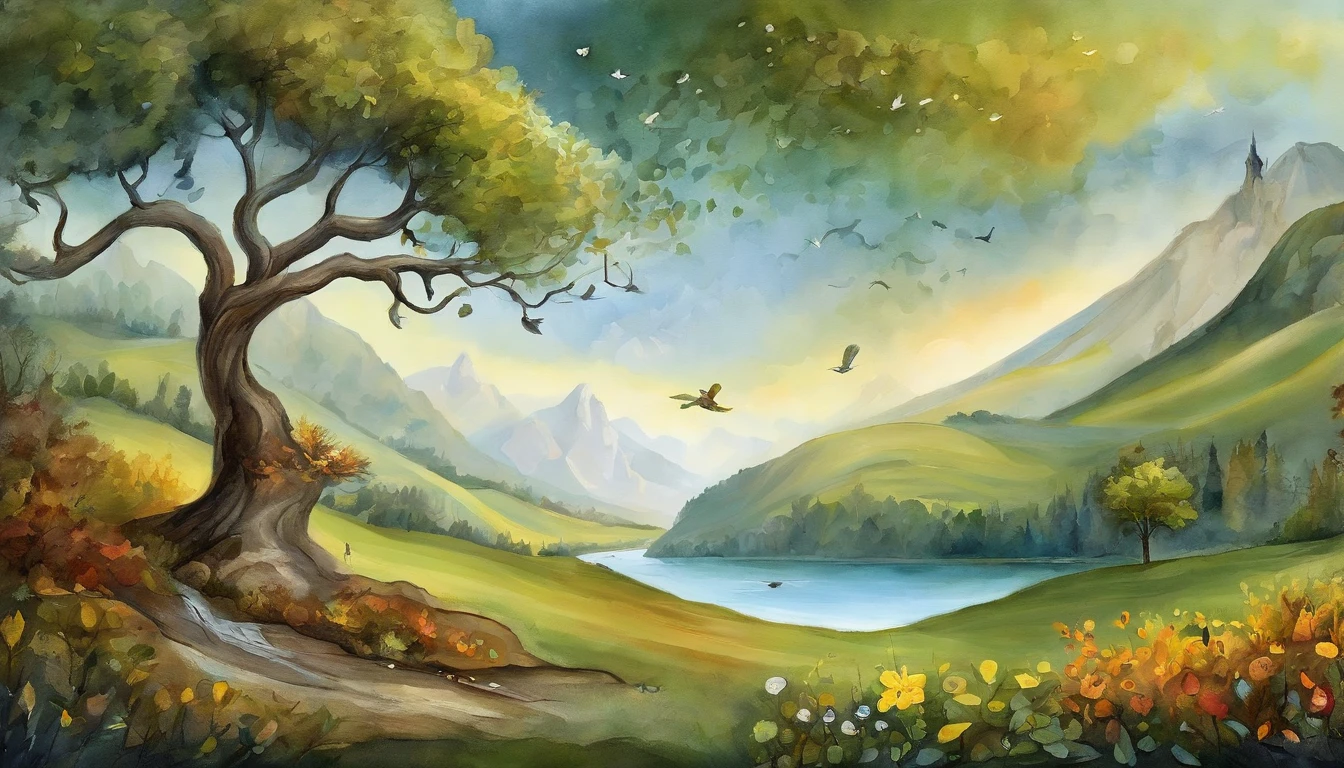 Highly creative illustrations, Detailed text representation, highly detailed, watercolor paiting, art stations, concept-art, Liso, foco nítido: "Vibrant and engaging scenes. Imagine a world where words dance and come to life, Characters fall off the pages,The story grows wings and soars. In this illustration, We imagine a magical scenario,An open book becomes a gateway to an imaginary universe. How the page flows through the air, They become the elements that make up the landscape—the trees that whisper their secrets, Ink into rivers,The pages are mountains.