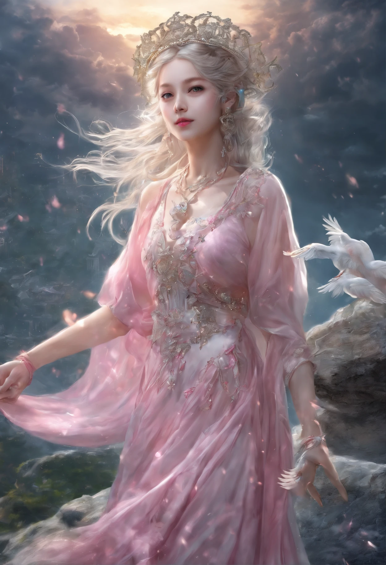 (best qualtiy,tmasterpiece), Beautiful girl, Beautiful goddess, Sexy goddess, Sword Fairy, Royal Sword Flight, Floating in the air, white crane, The right hand, One shoulder, A long flowing dress, silber hair, Clothing Hairstyle clothing, Beautiful hair accessories, Detailed scenes, the night, starrysky, cold light, (In pink, white colors, cyan colors), ((From below)), ((full bodyesbian)), ((Realistic))
