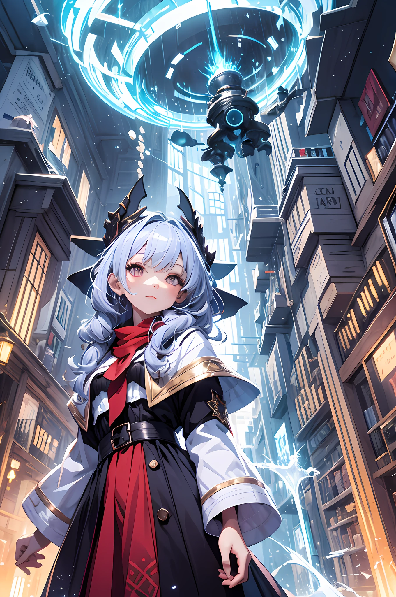 wizard girl, super nice wizard dress, surrounded by multi colored glowing shards, splash art