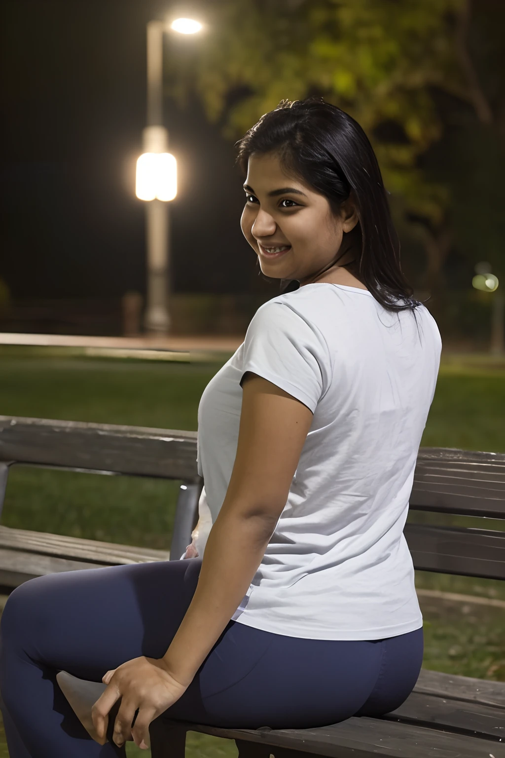 Night time (medium closeup:1.15) (medium shot :0.6) mobile photography , shot on a mobile, big breasts, photograph of a beautiful indian woman sitting in a park bench, street lamp light from behind, realistic night, wearing a tshirt and leggings, outfit, looking at me, laughing