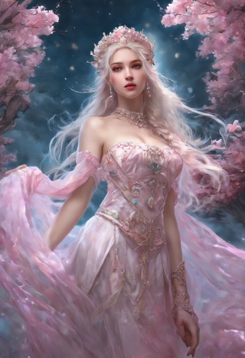 (best qualtiy,tmasterpiece), Beautiful teenage girl, Beautiful goddess, Sexy goddess, Sword Fairy, Royal Sword Flight, Floating in the air, white crane, The right hand, One shoulder, A long flowing dress, silber hair, Clothing Hairstyle clothing, Beautiful hair accessories, Detailed scenes, the night, starrysky, cold light, (In pink, white colors, cyan colors), ((From below)), ((full bodyesbian)), ((Realistic))
