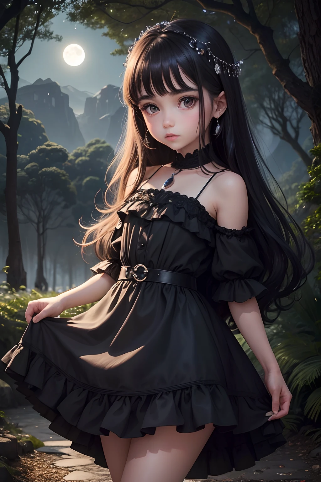 Cute Girl, cowboy shot,masterpiece, best quality, ultra high resolution, Fluorescent color,, 1 girl, looking at the audience, pretty face, beautiful eyes, (Off the shoulder style: 1.2), Looked up, Upper body, forest, shiny hair, shiny skin, Glow Cutting, chibi, Finger proportions are coordinated