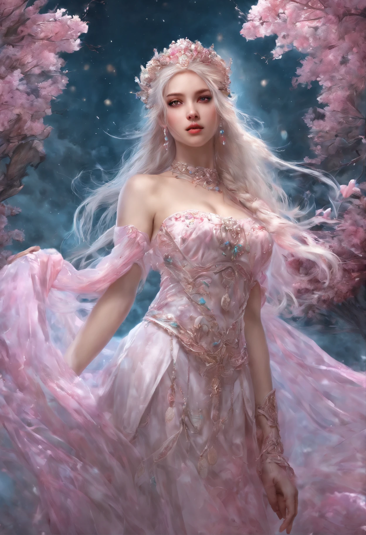 (best qualtiy,tmasterpiece), Beautiful girl, Beautiful goddess, Sexy goddess, Sword Fairy, Royal Sword Flight, Floating in the air, white crane, The right hand, One shoulder, A long flowing dress, silber hair, Clothing Hairstyle clothing, Beautiful hair accessories, Detailed scenes, the night, starrysky, cold light, (In pink, white colors, cyan colors), ((From below)), ((full bodyesbian)), ((Realistic))