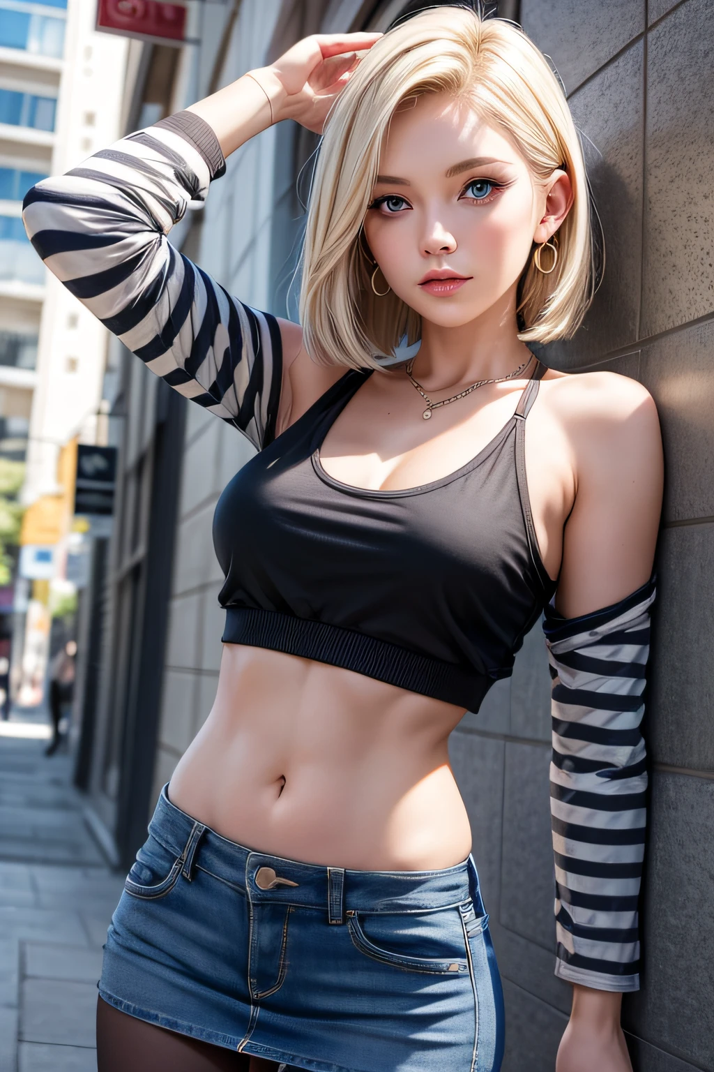 Best Quality, hight resolution, and18, 1girl in, Android 18, Solo, Blonde hair, Blue eyes, Short hair, earrings, Jewelry, Denim Vest, openchest, Black pantyhose, Black shirt, jean skirt, Striped long sleeves, Blue skirt, medium breasts, sexy Shot, Street, (Externally expanded Chest: 1.2),topless, bare shoulder, nipple