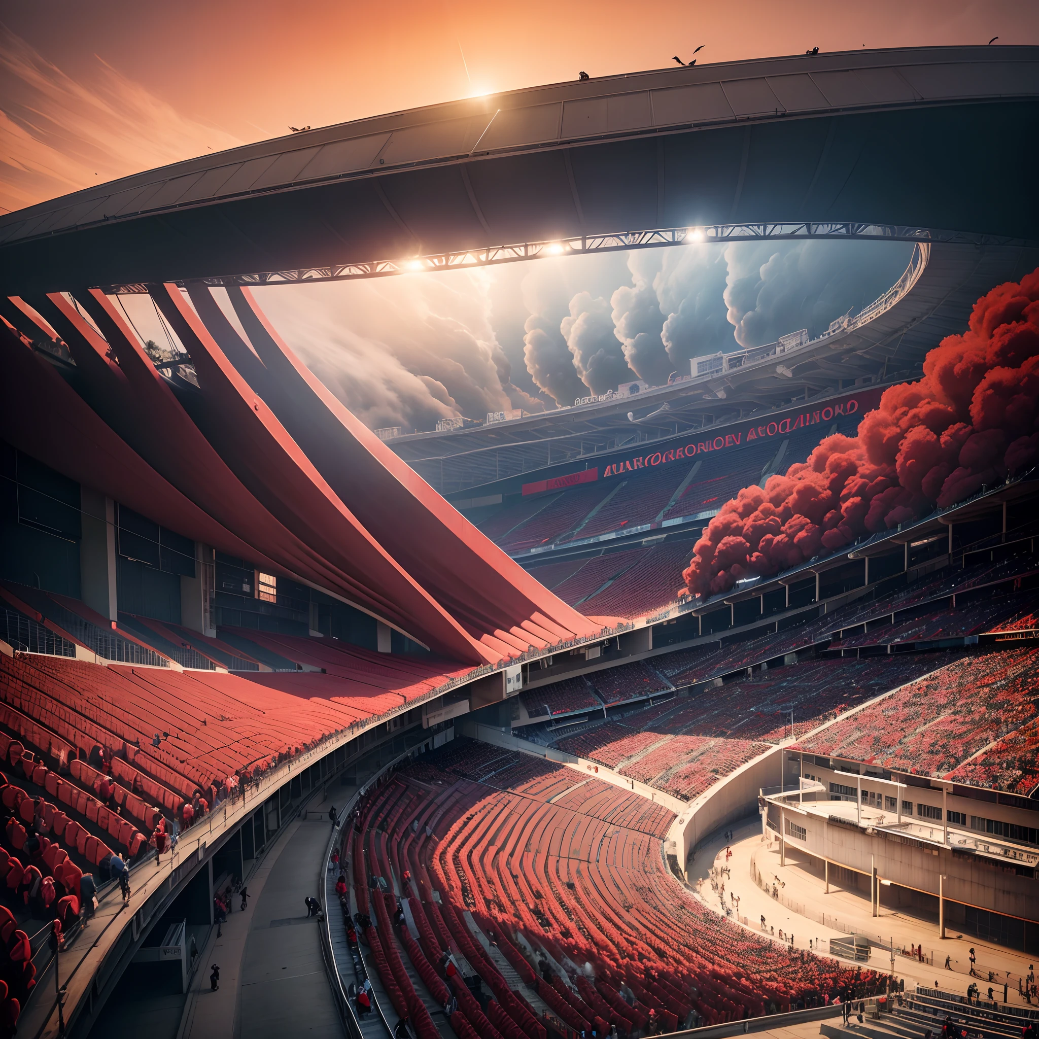 Maracanã Stadium, flamengo, up hands, arquibancada com pessoas, Vultures flying in the sky, black and red smoke, highes definition, realismo, epic