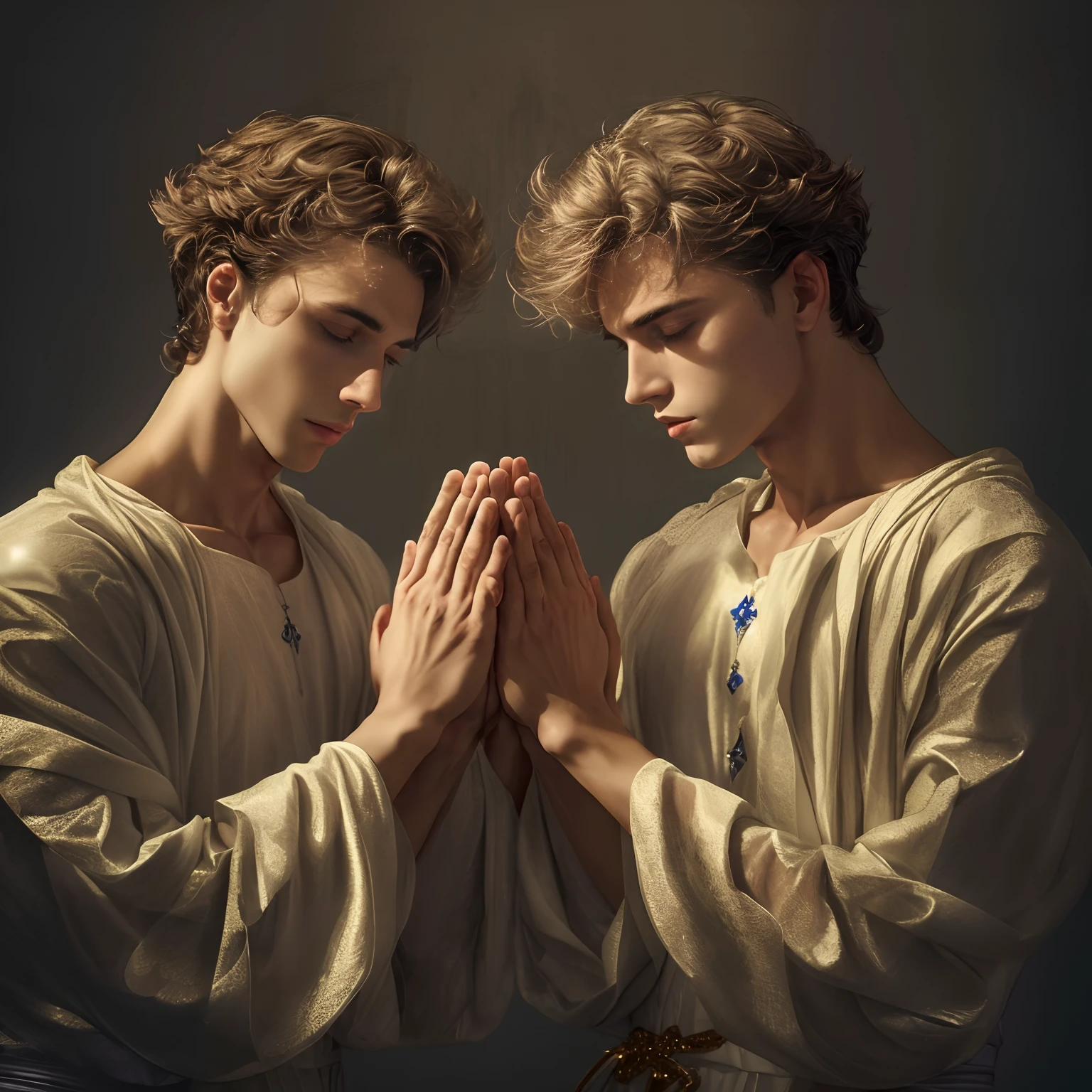 Two men dressed in white are praying together in a dark room, em alto estilo renascentista, beautiful gemini twins portrait, Petros e Leonid, em estilo renascentista, Directed by: Laszlo Balogh, beautiful male twins portrait, dois rapazes, Alexey Egorov, joseph and joseph, inspired by the Brothers Hildebrandt