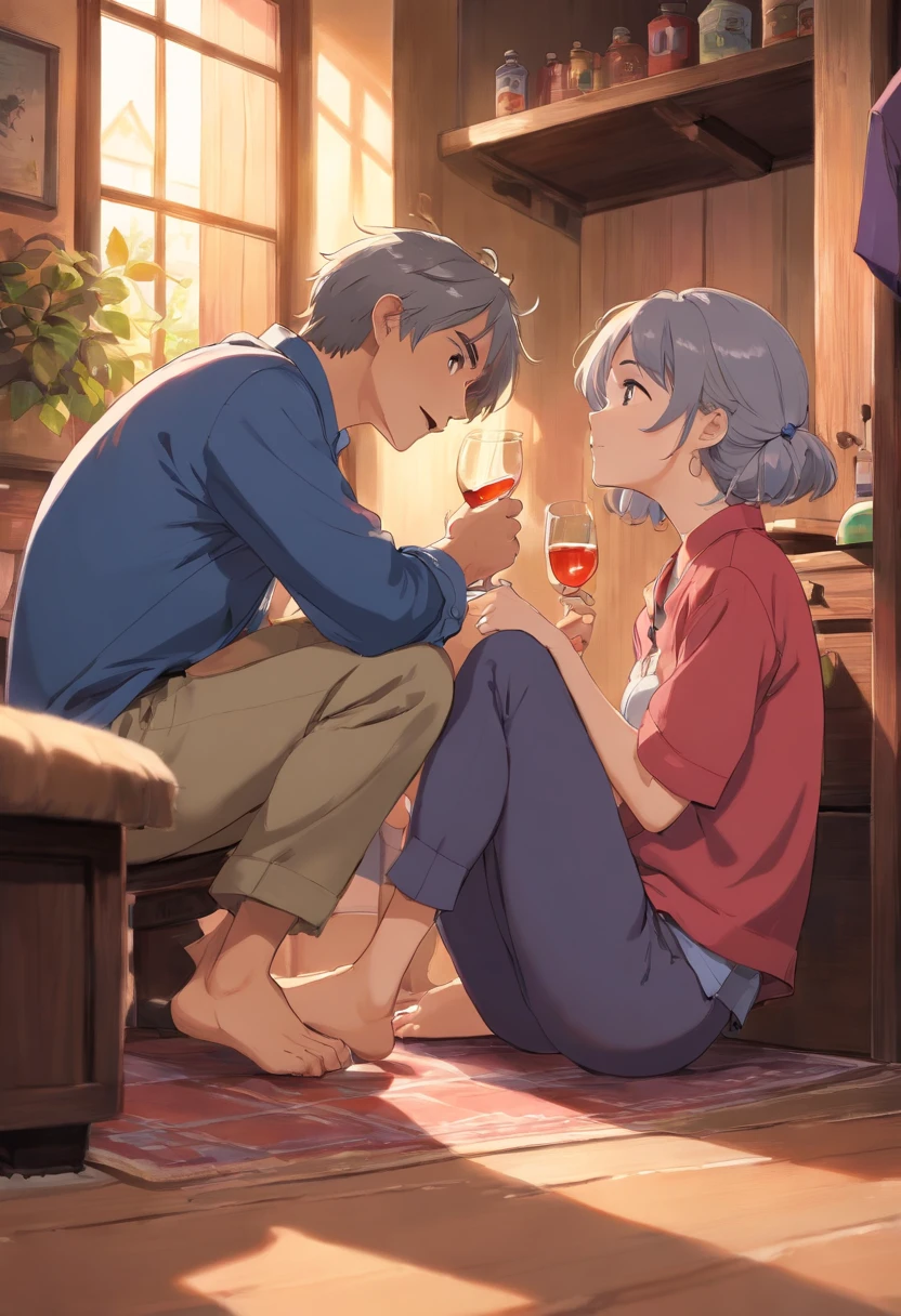 a room、Two people sitting on the floor of a room drinking alcohol、The table、Drunken Man、Sit next to you、Lean on the man next to you、Pampering、Yaoi、Two men、A dark-haired、male-centered、The shirt、Blue plaid shirt、shorth hair、White and light grey plaid shirt、mole under mouth、Staring at others、in a house、耳Nipple Ring、Simple piercing、Opening Mouth、See our partners、Far from the camera、the kiss、red blush、A slender