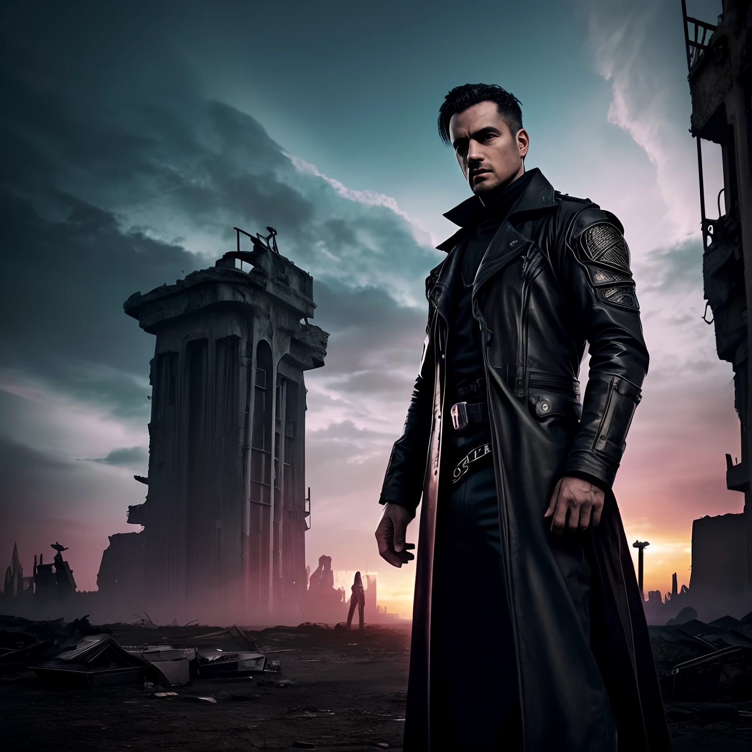 "Type of Image: Artistic photographSubject Description: A gothic man standing boldly amidst the remnants of a post-apocalyptic town, ready to confront an alien invasion. The sky is illuminated with UFOs, giving an otherworldly ambiance to the scene. The gothic man's attire and demeanor exude strength and defiance, contrasting with the desolate surroundings. The atmosphere is tense and ominous, capturing the impending conflict between humanity and the invading alien forces. The scene is set in an outdoor environment with a backdrop of ruins and an alien-filled sky."Art Styles: Gothic art, surrealismArt Inspirations: Artists from Behance and DribbleCamera: DSLRShot: Close-upRender Related Information: Highly detailed, dark colors, purple neon lightingCamera Shot Type: Close-upCamera Lens: 50mmView: Front