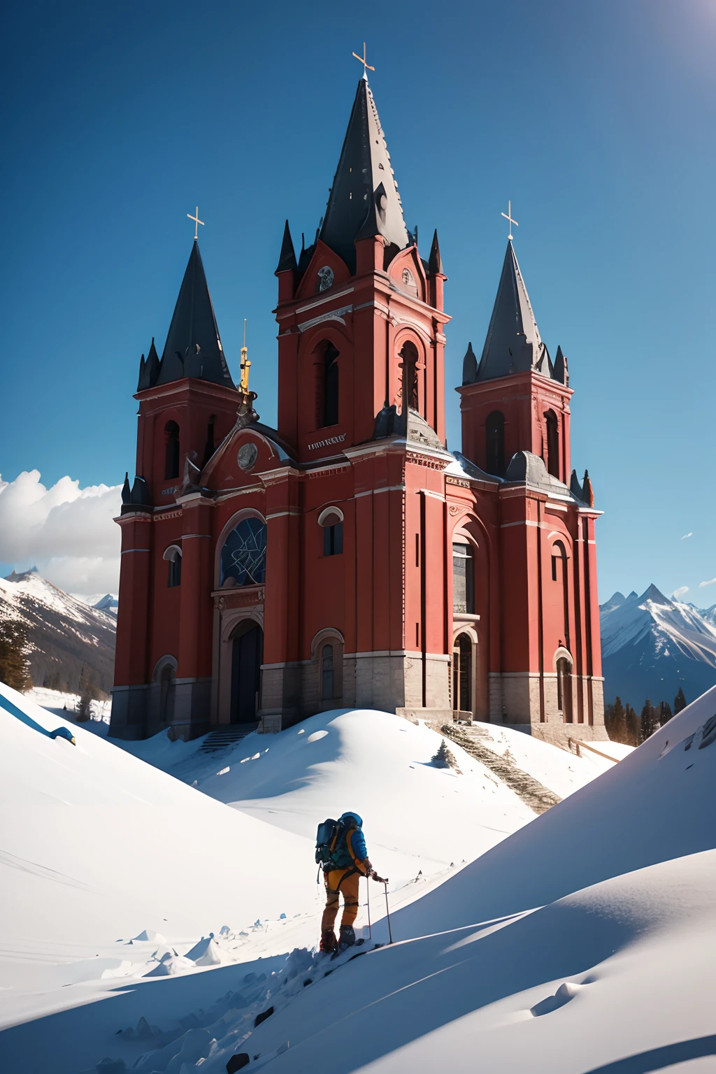 Create a cinematic image of a mountaineering character in front of the mountain of cerro cathedral in bariloche