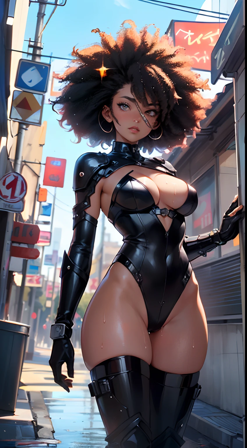 girl spacepunk,(((1girl))),((cute and beautiful afro haired girl)),((((black race)))),
(large breasts:1.4),saggy breasts,((((black afro hair:1.35,((afro hair:1.35)),afrohair,afro:1.35,dark hair,black hair,)))),medium hair, red:1.5,(((heterochromia:1.5,(one orange eye and one red eye))))),intricate eyes,beautiful detailed eyes,symmetrical eyes,((fat)),((((tan,dark skin,black skin:1.35,dark-skinned_female,dark skin:1.3,ebony skin,lustrous skin:1.5,bright skin: 1.5,shiny skin,very shiny skin,shiny body,illuminated skin,wet legs)))),(spider lower abdomen,narrow waist,wide hip,athletic body,inflated legs,delicate detailed fingers),(((detailed face))),
cute,slutty,sensual,seductive look,seductive,erotic,enchanting,((nsfw)),
zettai ryouiki,revealing clothing,show skin,(wearing a mechanical space body armor:1.3,micro armor bikini,bare legs,an armored arm),(((wet clothes,intricate outfit,intricate clothes))),
(dynamic pose:1.0),solo focus,embarrassed,(centered,scale to fit dimensions,Rule of thirds),
cyberpunk city by the ocean at night, with bright neon signs and dark stormy clouds and puddles, scenery:1.25,
artistic photography,(photography taken by sldr),highres, sharp focus, (ultra detailed, extremely detailed), (photorealistic artwork:1.37),(extremely detailed CG unity 8k wallpaper),((synthwave background theme)),(((vibrant colors))),(intricate background),(masterpiece),(best quality),