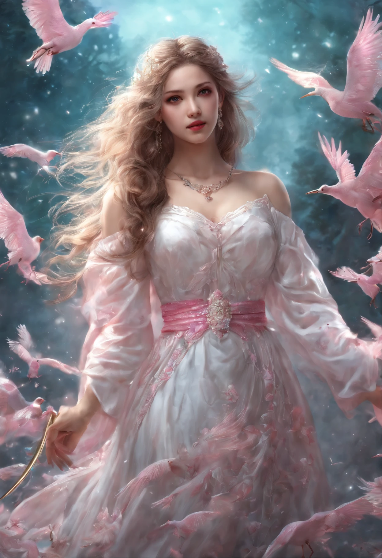 (best qualtiy，tmasterpiece), Beautiful teenage girl, Beautiful goddess, Sexy goddess, Sword Fairy, Royal Sword Flight, Floating in the air, white crane, The right hand, One shoulder, A long flowing dress, silber hair, Clothing Hairstyle clothing,  Beautiful hair accessories, Detailed scenes, the night, starrysky, cold light, (In pink, white colors, cyan colors), ((From below)), ((full bodyesbian)), ((Realistic))