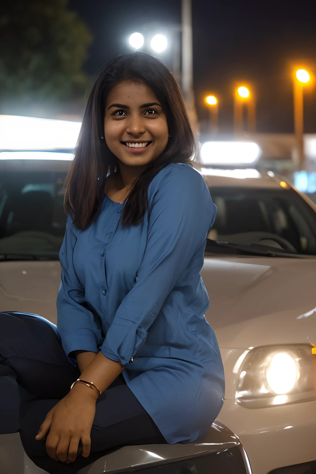 Night time (medium closeup:1.15) (medium shot :0.6) mobile photography , shot on a mobile, big breasts, photograph of a beautiful indian woman, sitting on a car hood, street lamp light from behind, realistic night ambient light, looking at camera , wearing a trouser outfit, looking at me, laughing