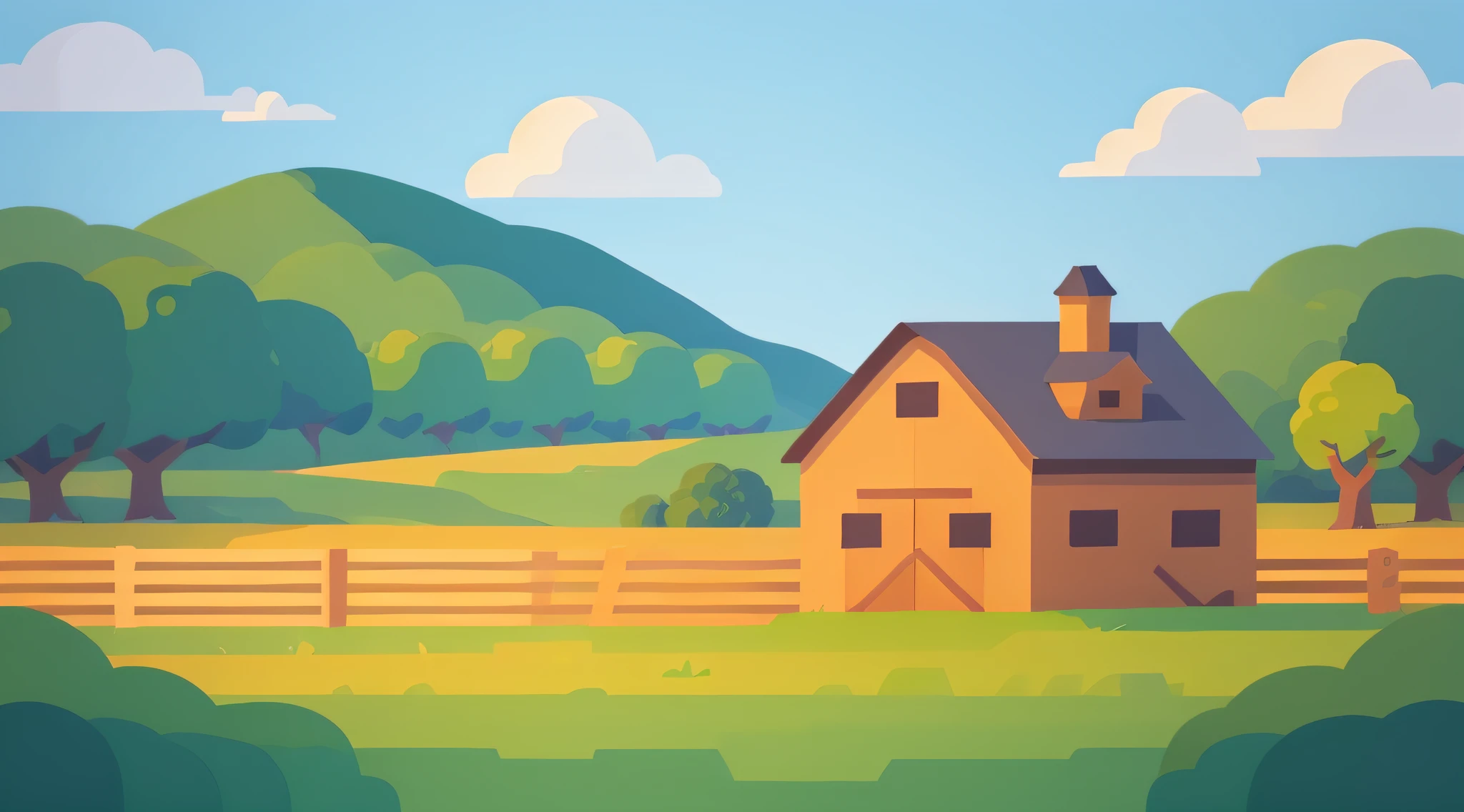 The initial setting is a small sunny farm, with a barn in the background, green fields and a wooden fence, vector style illustration, flat color, simple