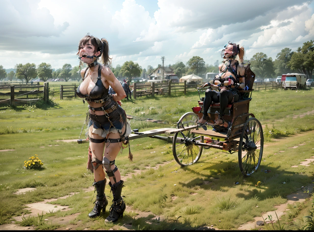 insanely detailed,1girl, gigantic breasts, arms behind back, shackles, restrain ,happy tears, , sweat, gleaming skin, hold in mouth, gag stick, saliva,  ponytail,  juice, outdoors, leaning forward, towing pony cart, public, photographer, foreground, crowd