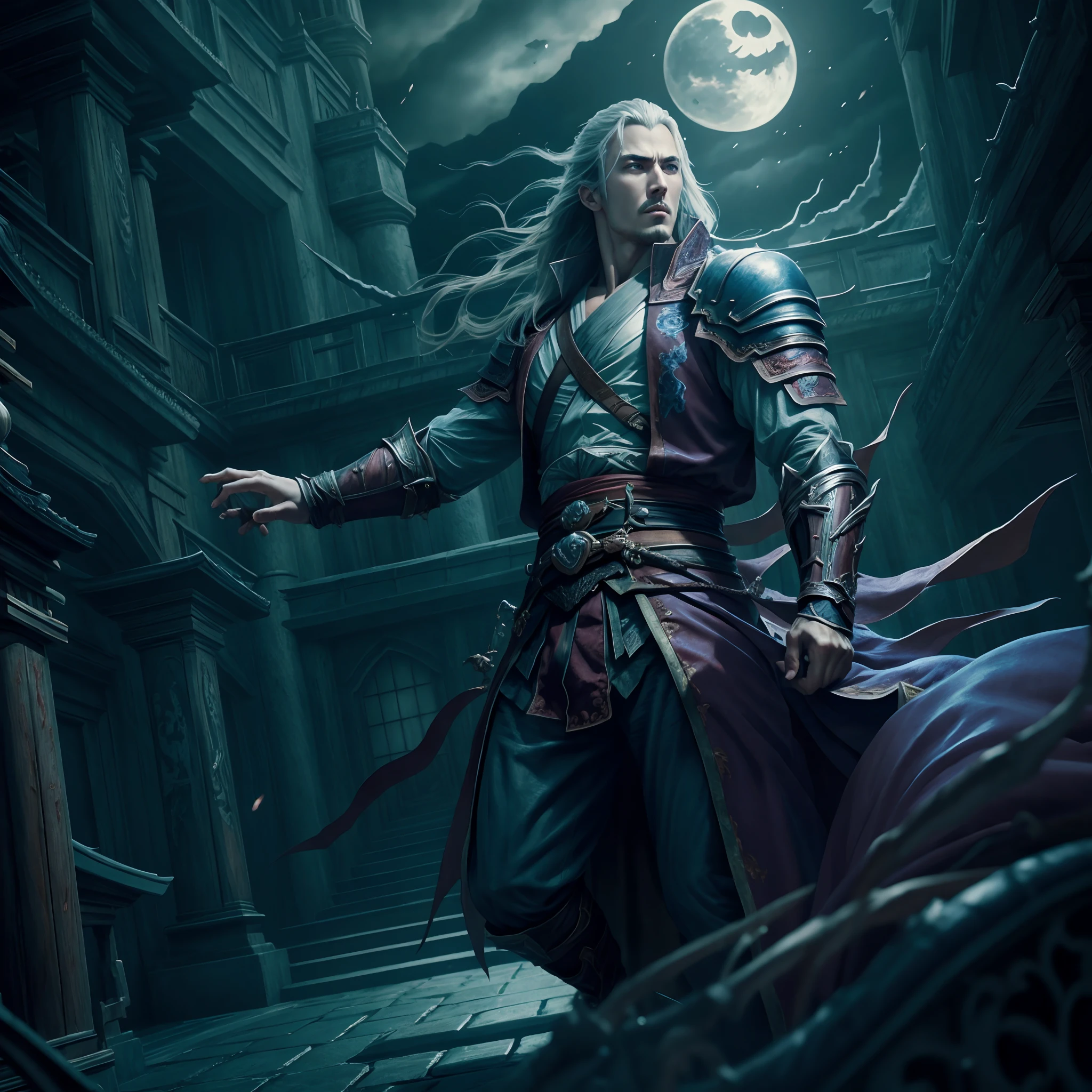 Japanese Castlevania Lord of the shadows hyper realistic super detailed Dynamic shot master piece scene cinématique scènes movie Epic Legendary perspective environnement of Lord Dracula japonais
