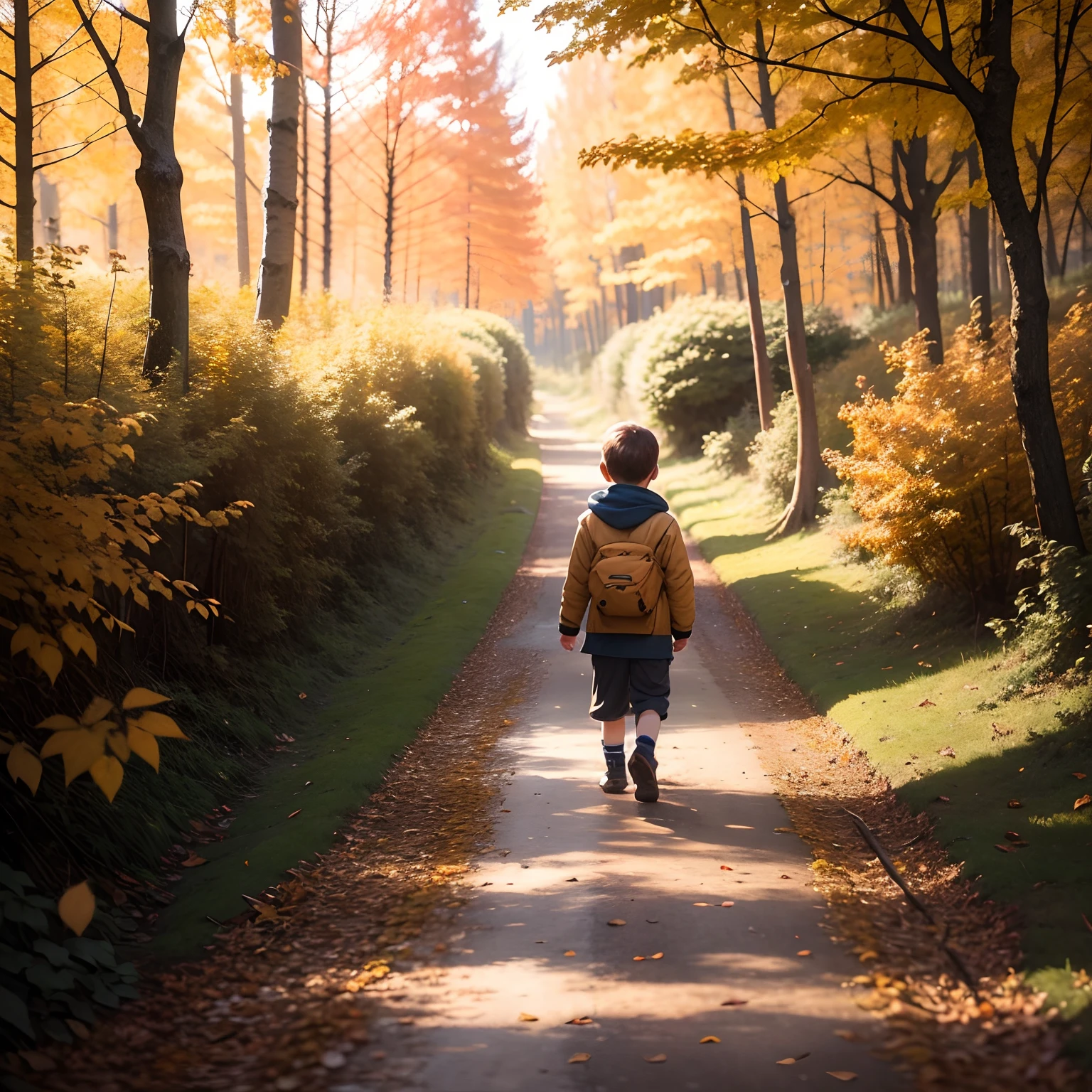 A walks with a dog in the autumn forest. Bright sun, puddles, Falling leaves. In the distance is a small house, path. fine details.