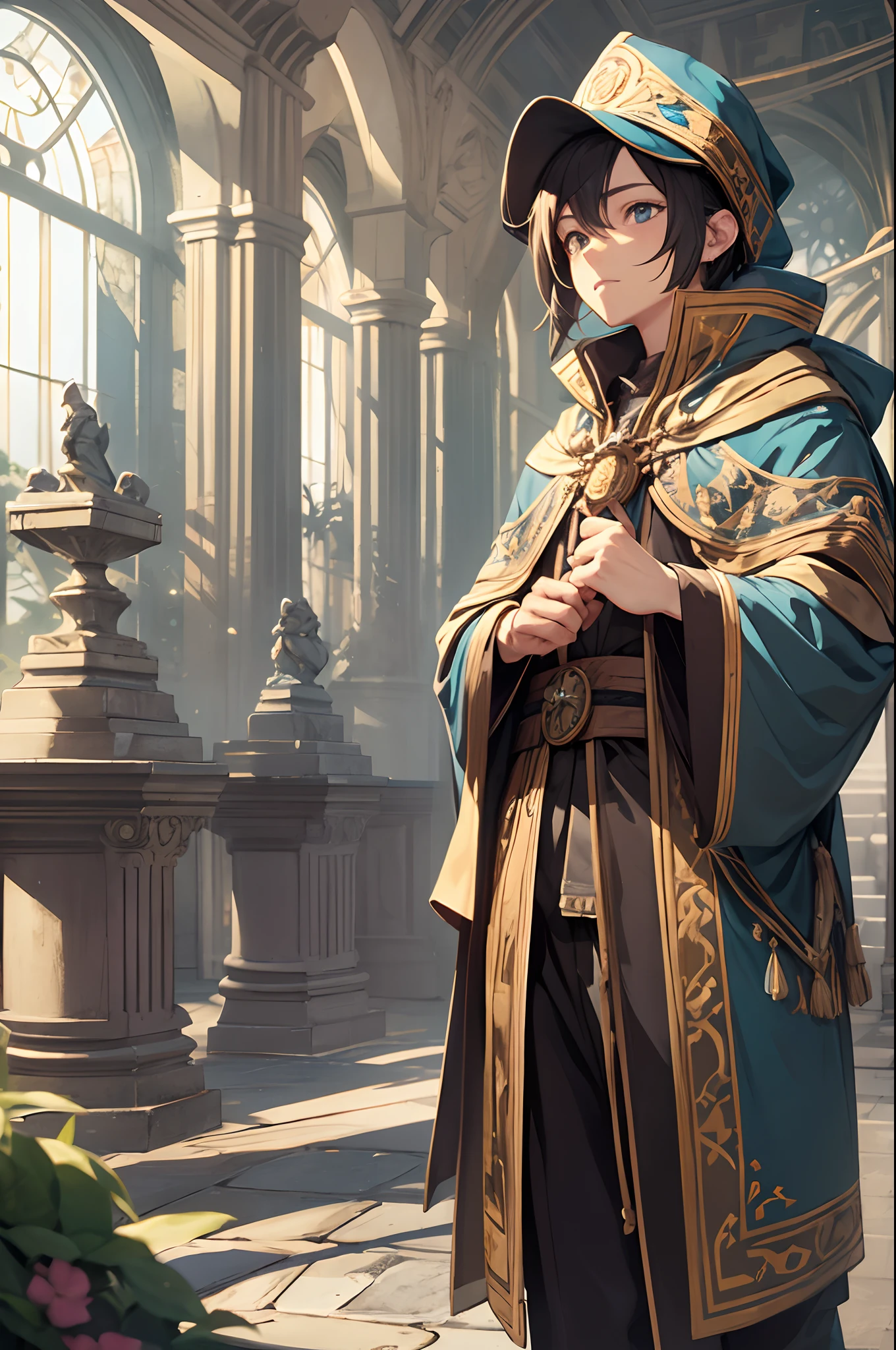 wizard boy, fantasy wizard outfit, surrounded by magical obs