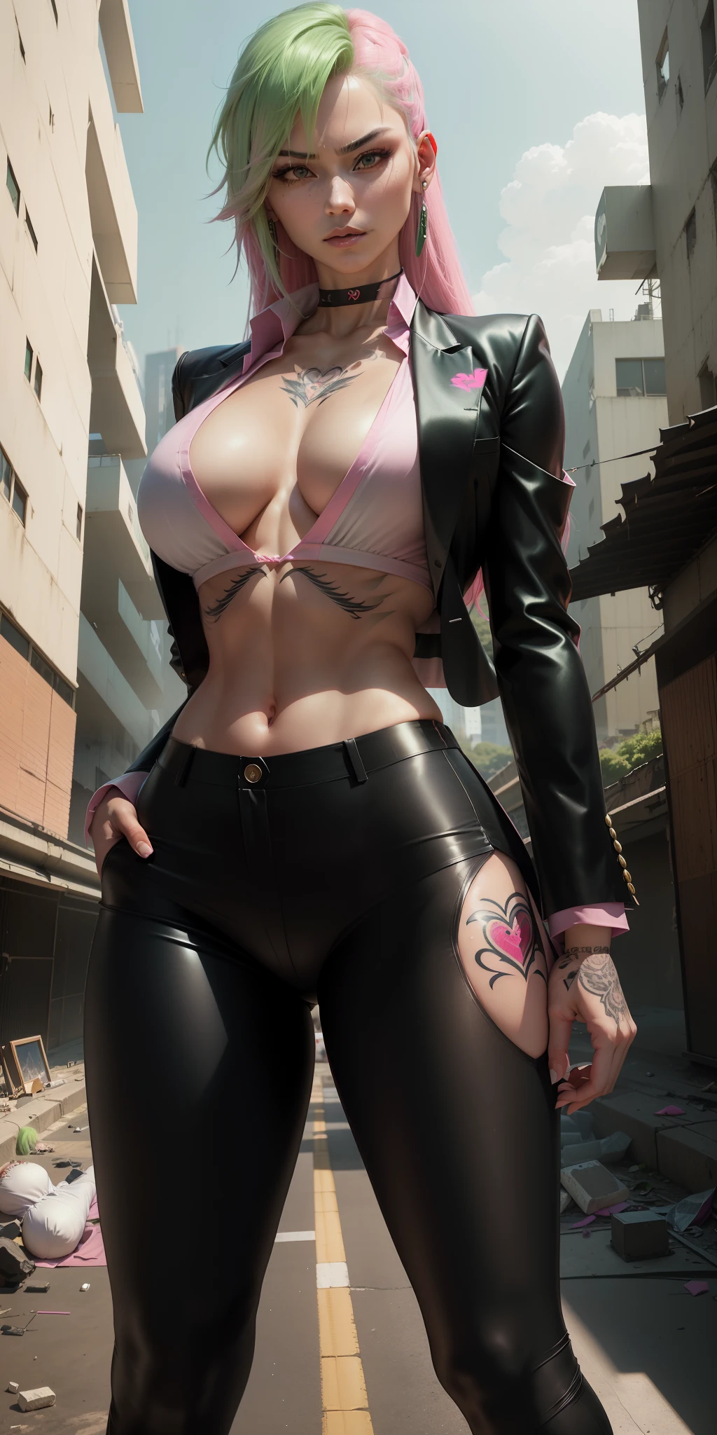 big breasts ((1 sexy yakuza mafia girl)) ((((straight pink and light green hair)))) (((((long side cut style)))) ((straight hair)) ((crystal clear eyes , perfect eyes)), extremely sexy, ((fitting black blazer, white shirt with buttons underneath, perfect neckline)), ((((long black fabric pants made in tailoring, light and soft fabric) ))) ) blouse fair, ((abandoned building)) sadistic expression and sadistic smile, ((masterpiece, ultra detailed, top quality)), ((ultra realistic, cinematic image, cinematic image, 8k))) ((she is in the pose of a superior goddess )), ((arms crossed)), abandoned building, pose on the brick wall, broken glass ((sensual and perfect legs, open legs)), look of superiority, defined body and toned abdomen, (((( She has a heart tattoo)))) (((She is the leader of the yakuza) )) She is powerful, feared, a spectacular vision of this mafia leader, she is feared, a demon slayer, ((well-clothed behaved))