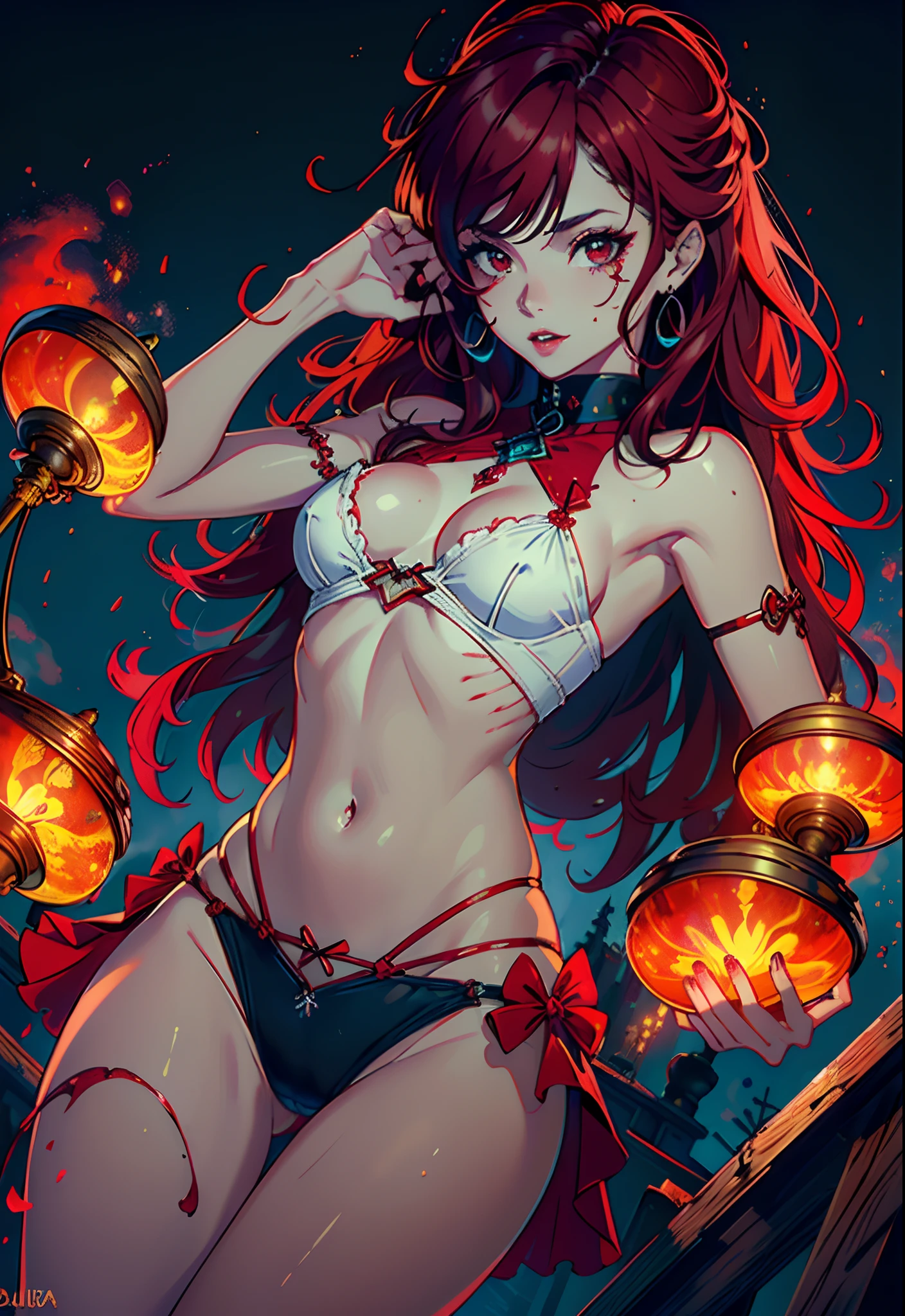 (((La mejor calidad))), (((Ultra detallado))), (((Obra maestra))), illustration,(La nube de sangre roja oscura flota en el aire,the red bat,magia de sangre),1girl,sexo, Cara perfecta,One of her hands waved a whip, volumetric illumination,Chica sexoy wowdk,sonrisa loca,lluvia de sangre roja, cuervo,cementerio, fantasy, underground castle, ((colores apagados, Noche, oscuridad)), maquillaje, mascara,translucent skin, Semitonos,nube,luz_particuls,Eldenring\(Malenia\) 1girl, casco alado, capa roja, (Malenia_hoja:1.3), ojos cubiertos, sangre,Pelo rojo,(maldito_Izquierda_brazo:1.3)