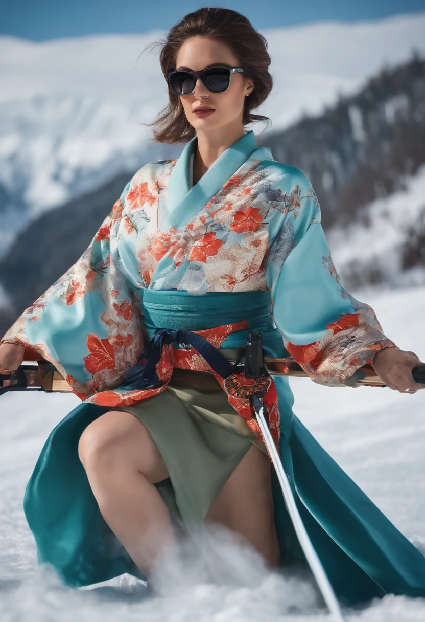 woman，The kimono opens，Half of the chest is exposed，short detailed hair，With sunglasses，Bigchest，short detailed hair，skiing，Women's skiing