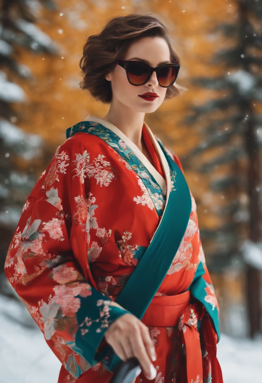 woman，The kimono opens，Half of the chest is exposed，short detailed hair，With sunglasses，Bigchest，short detailed hair，skiing，Women's skiing