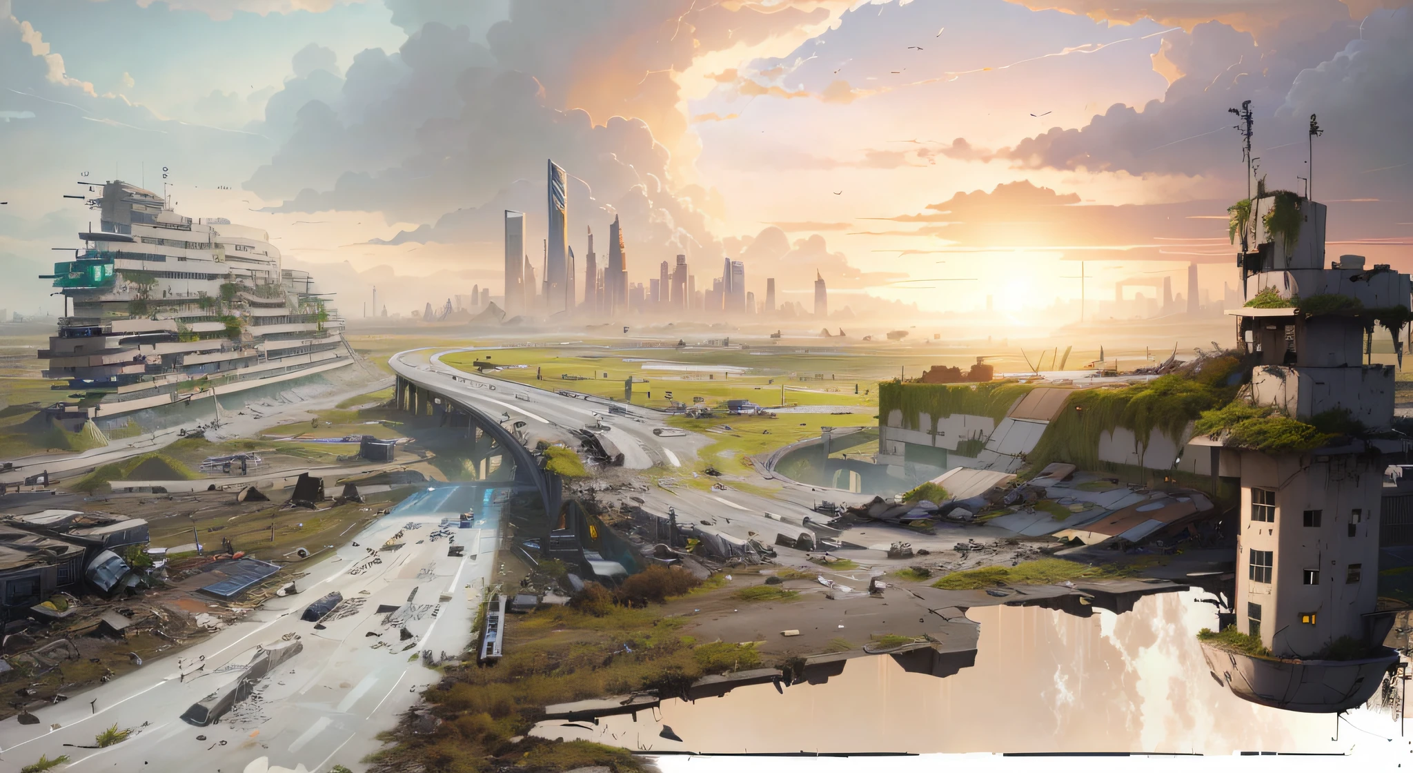 Cidade futuristica,Broken intersection highway in the middle, Dystopian digital concept art, environment concept art, cityscape ruins in the distance, matte painting comic book art, Dystopian landscape, future concept art, destroyed city in background, outdoors ruined cityscape, apocalyptic landscape, post apocalyptic landscape, Ruined cityscape, apocalyptic future city,,Virtual Engine,Movie lighting,highly accurate