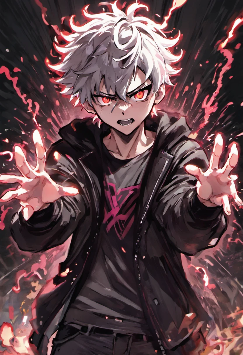 Anime character, a man, medieval era. Young man, 20 years old, large body, cold gaze, white teeth, messy short gray hair, ponytail, left eye patch, black clothes, dark cape with hood, chains. front camera, advancing in a sea of blood. white electricity overflowing all over his body, black electricity in his left hand. Right eye shining in a white ray. Thunderous red lightning