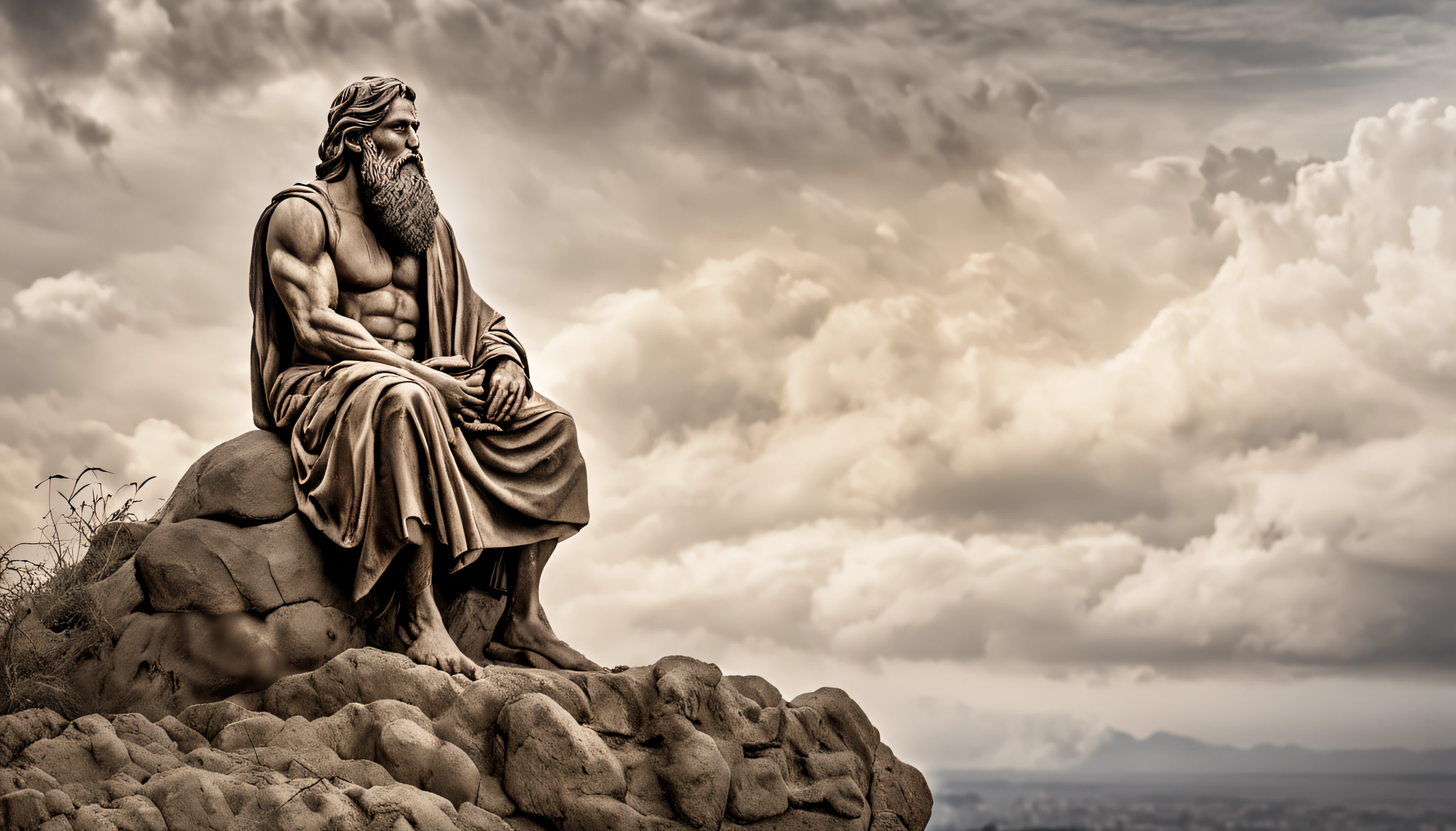 Greek philosophy statue with beard and muscles, cinemactic, 8k, fundo escuro, Detailed symmetrical realistic face, textura natural extremamente detalhada, peach fluff, short hair, master part, Absurdos, Foto premiada por Lee Jeffries, Nikon Film Stock D850 Fotografia, kodak portra 400 camera f1.6 lentes, extremamente detalhado, Amazing, detalhes finos, cores ricas, textura hiper realista, dramatic lighting, UnrealEngine, trending on ArtStation, cinestill 800 tungsten, Olhando para o Viewer, Realistic photo, foto raw , TanvirTamim, alta qualidade, high resolution, foco nítido, extremamente detalhado, Cinematic lighting, 8k UHD,