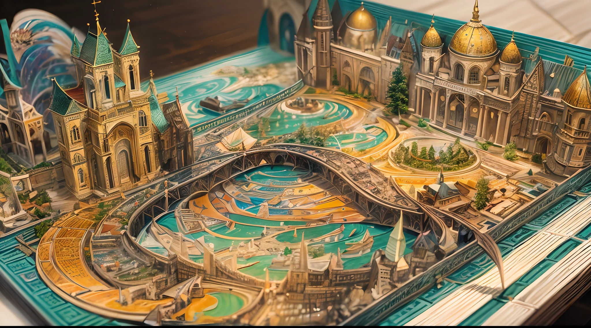(popup book:1.5)，(travel)，(Extremely colorful, Best quality, Detailed details, Masterpiece, offcial art, movie light effect, 4K, Chiaroscuro)