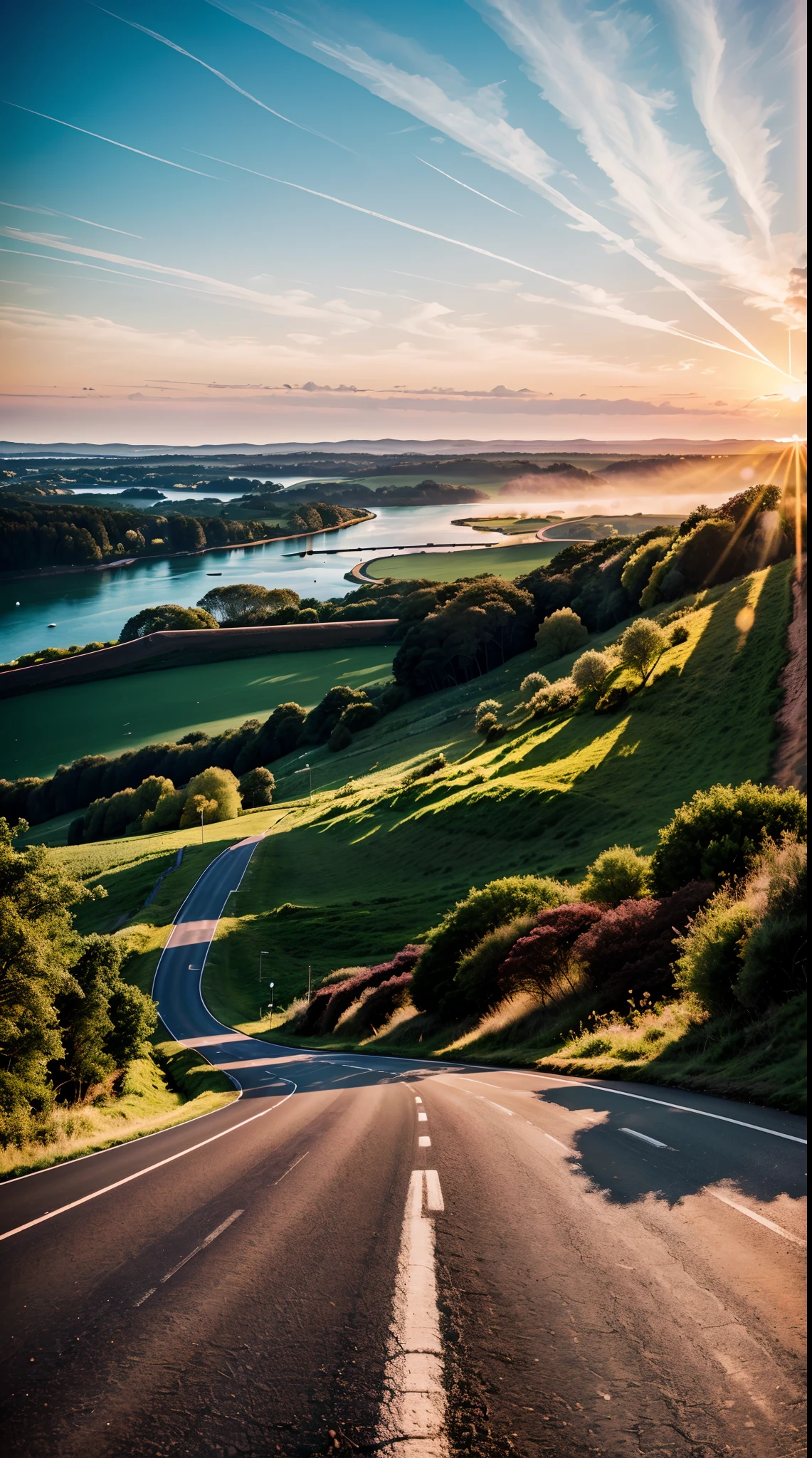 best quality,4k,8k,highres,masterpiece:1.2,ultra-detailed,realistic:1.37,long and winding road,bright light leading to the horizon,bright morning,sun's rays,road stretching into the distance,serene landscape,vivid colors,professional,sharp focus,outdoor photography,nature scenery,sunrise,sunshine,beautiful