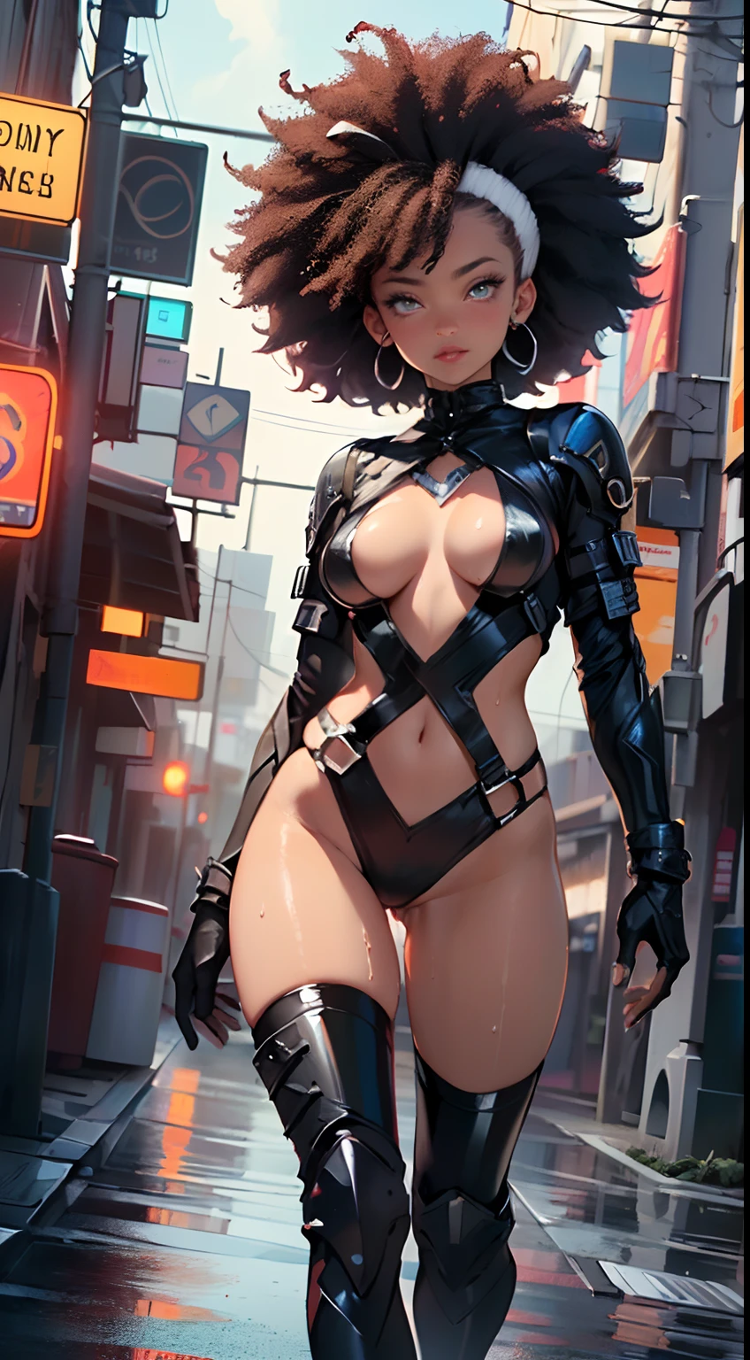 girl spacepunk,(((1girl))),((cute and beautiful afro haired girl)),((((black race)))),
(large breasts:1.4),saggy breasts,((((black afro hair:1.35,((afro hair:1.35)),afrohair,afro:1.35,dark hair,black hair,)))),medium hair, red:1.5,(((heterochromia:1.5,(one orange eye and one red eye)))),intricate eyes,beautiful detailed eyes,symmetrical eyes,((fat)),((((tan,dark skin,black skin:1.35,dark-skinned_female,dark skin:1.3,ebony skin,lustrous skin:1.5,bright skin: 1.5,shiny skin,very shiny skin,shiny body,illuminated skin,wet legs)))),(spider lower abdomen,narrow waist,wide hip,athletic body,inflated legs,delicate detailed fingers),(((detailed face))),
cute,slutty,sensual,seductive look,seductive,erotic,enchanting,((nsfw)),
zettai ryouiki,revealing clothing,show skin,(wearing a mechanical space body armor:1.3,micro armor bikini,bare legs,an armored arm),(((wet clothes,intricate outfit,intricate clothes))),
(dynamic pose:1.0),solo focus,embarrassed,(centered,scale to fit dimensions,Rule of thirds),
cyberpunk city by the ocean at night, with bright neon signs and dark stormy clouds and puddles, scenery:1.25,
artistic photography,(photography taken by sldr),highres, sharp focus, (ultra detailed, extremely detailed), (photorealistic artwork:1.37),(extremely detailed CG unity 8k wallpaper),((synthwave background theme)),(((vibrant colors))),(intricate background),(masterpiece),(best quality),