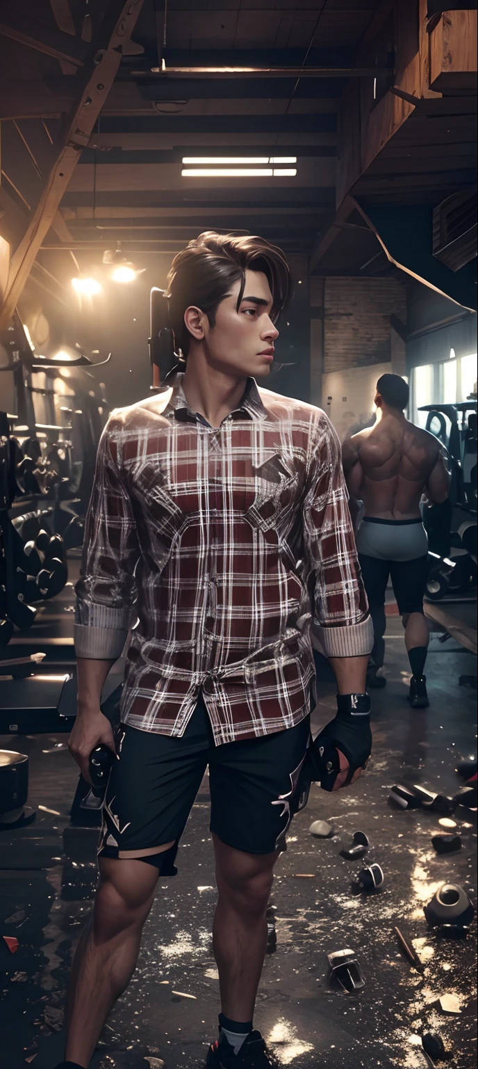 Gym background six pack with gun 8k realistic face high quality