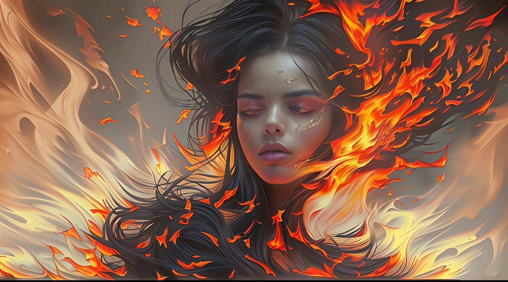 a portrait of a woman with fire on her face, wadim kashin. ultra realistic, beautiful digital artwork, art of alessandro pautasso, flames surround her, engulfed in flames, intricate and intense oil paint, amazing, stunning digital art, stunning digital painting, amazing digital art, her body made of flames, stunning artwork, emotional oil painting
