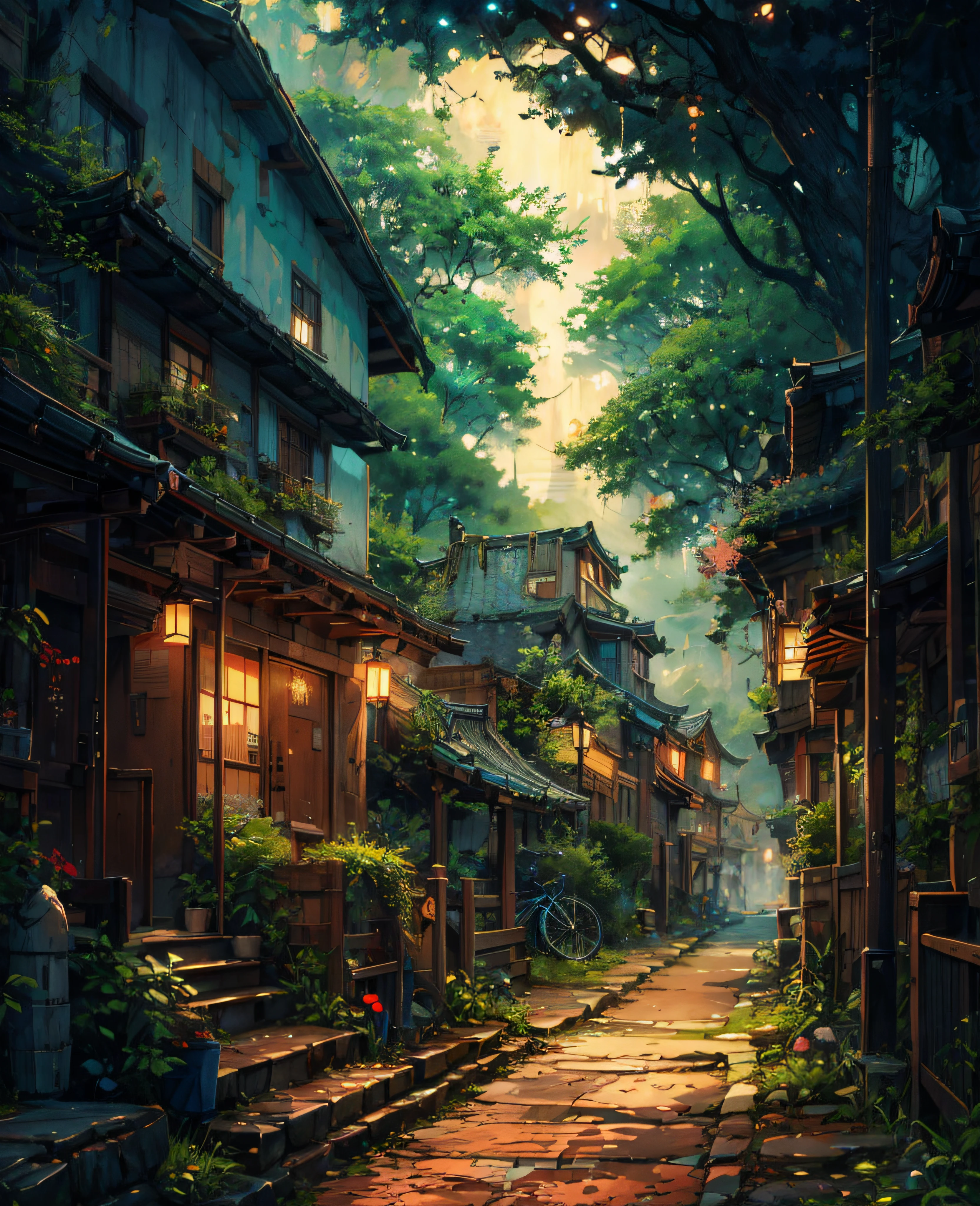 a painting of a street with a bicycle parked on the side of it, japanese street, andreas rocha style, forest city streets behind her, painted by andreas rocha, japanese town, the style of andreas rocha, anime background art, by Andreas Rocha, japanese village, inspired by Andreas Rocha, japanese city, japanese neighborhood, beautiful digital artwork