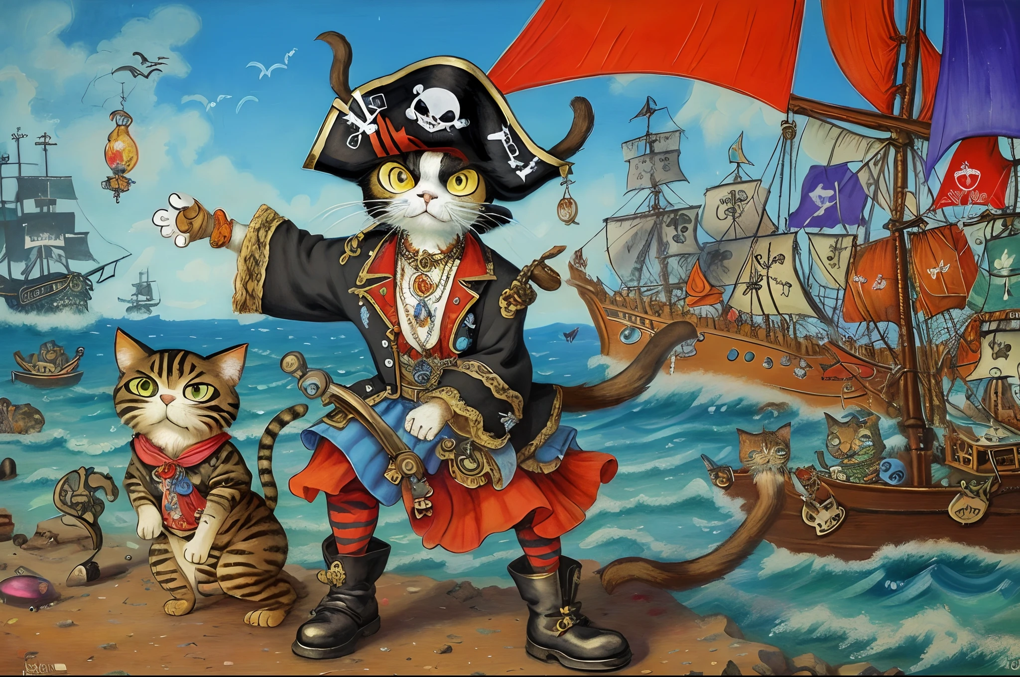 On a pirate island there live cats dressed as pirates, style Louis Wain, clean looks, expressive faces, inventiveness, originality, detailed, ambitious creation, clear and bright colors, modern artwork, oil painting, artistic rendering,