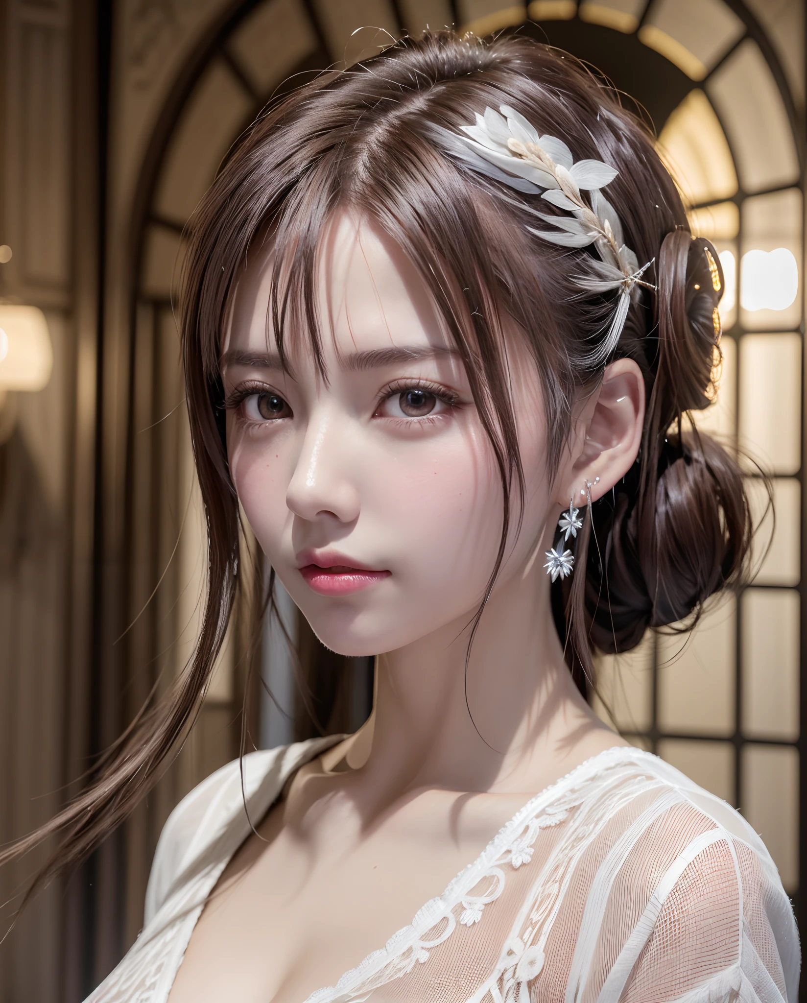 (Best Quality, masutepiece:1.2), 超A high resolution, Realistic, Front lighting, intricate detailes, Exquisite details and textures, 1girl in, Solo ,(年轻), Face Highlight, Upper body, Detailed face, Tear mole, White skin, Silver hair, Ponytail, Braid hair, Looking at Viewer, Big eyes, silk robe, (Hollow pattern, white, Silk), earrings, Small breasts, Slim body, luxury room, Professional Lighting, Photon mapping, Radio City, Physically-based rendering,