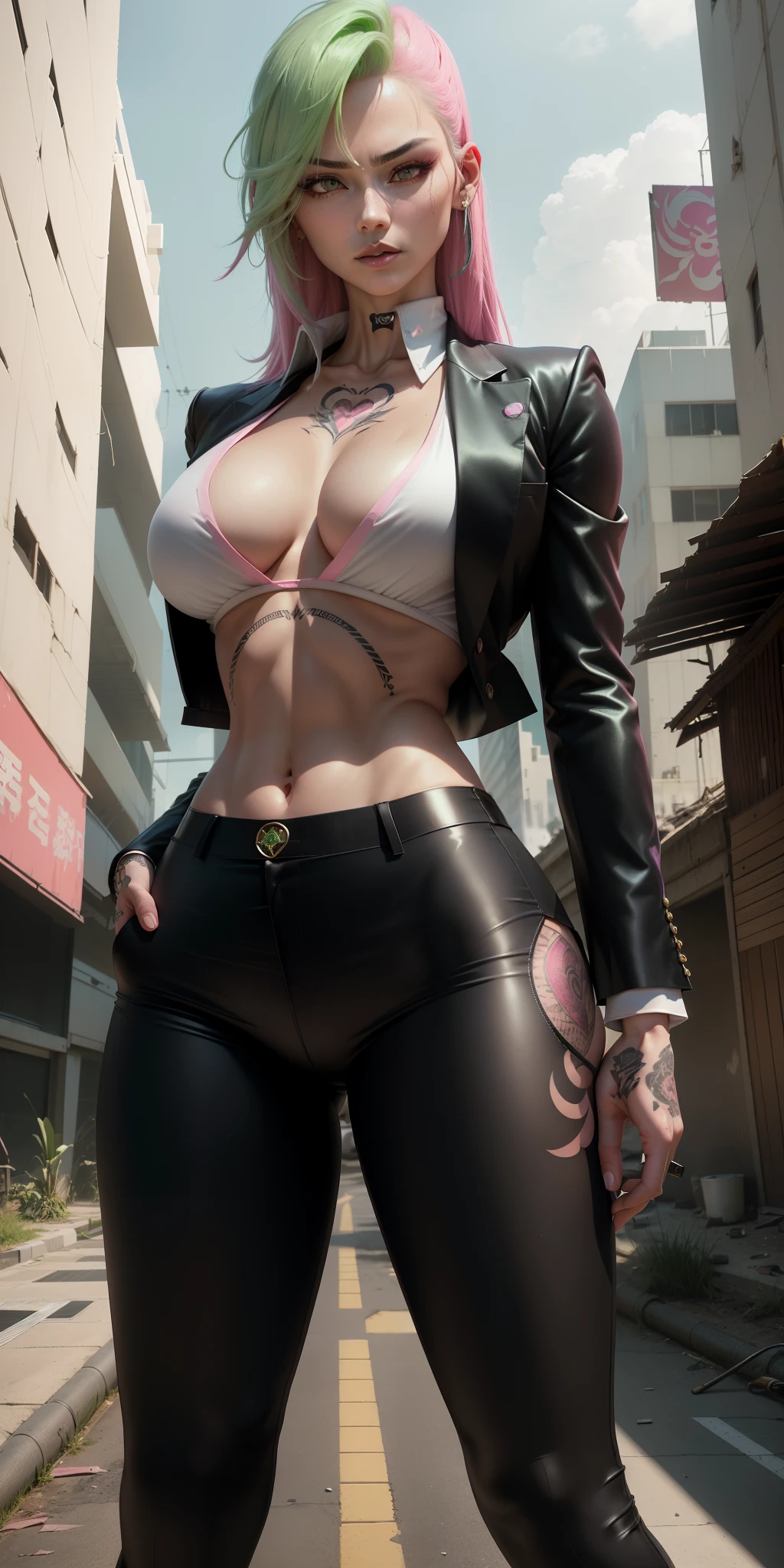 big breasts ((1 sexy yakuza mafia girl)) ((((straight pink and light green hair)))) (((((long side cut style)))) ((straight hair)) ((crystal clear eyes , perfect eyes)), extremely sexy, ((fitting black blazer, white shirt with buttons underneath, perfect neckline)), ((((long black fabric pants made in tailoring, light and soft fabric) ))) ) blouse fair, ((abandoned building)) sadistic expression and sadistic smile, ((masterpiece, ultra detailed, top quality)), ((ultra realistic, cinematic image, cinematic image, 8k))) ((she is in the pose of a superior goddess )), ((arms crossed)), abandoned building, pose on the brick wall, broken glass ((sensual and perfect legs, open legs)), look of superiority, defined body and toned abdomen, (((( She has a heart tattoo)))) (((She is the leader of the yakuza) )) She is powerful, feared, a spectacular vision of this mafia leader, she is feared, a demon slayer, ((well-clothed behaved))
